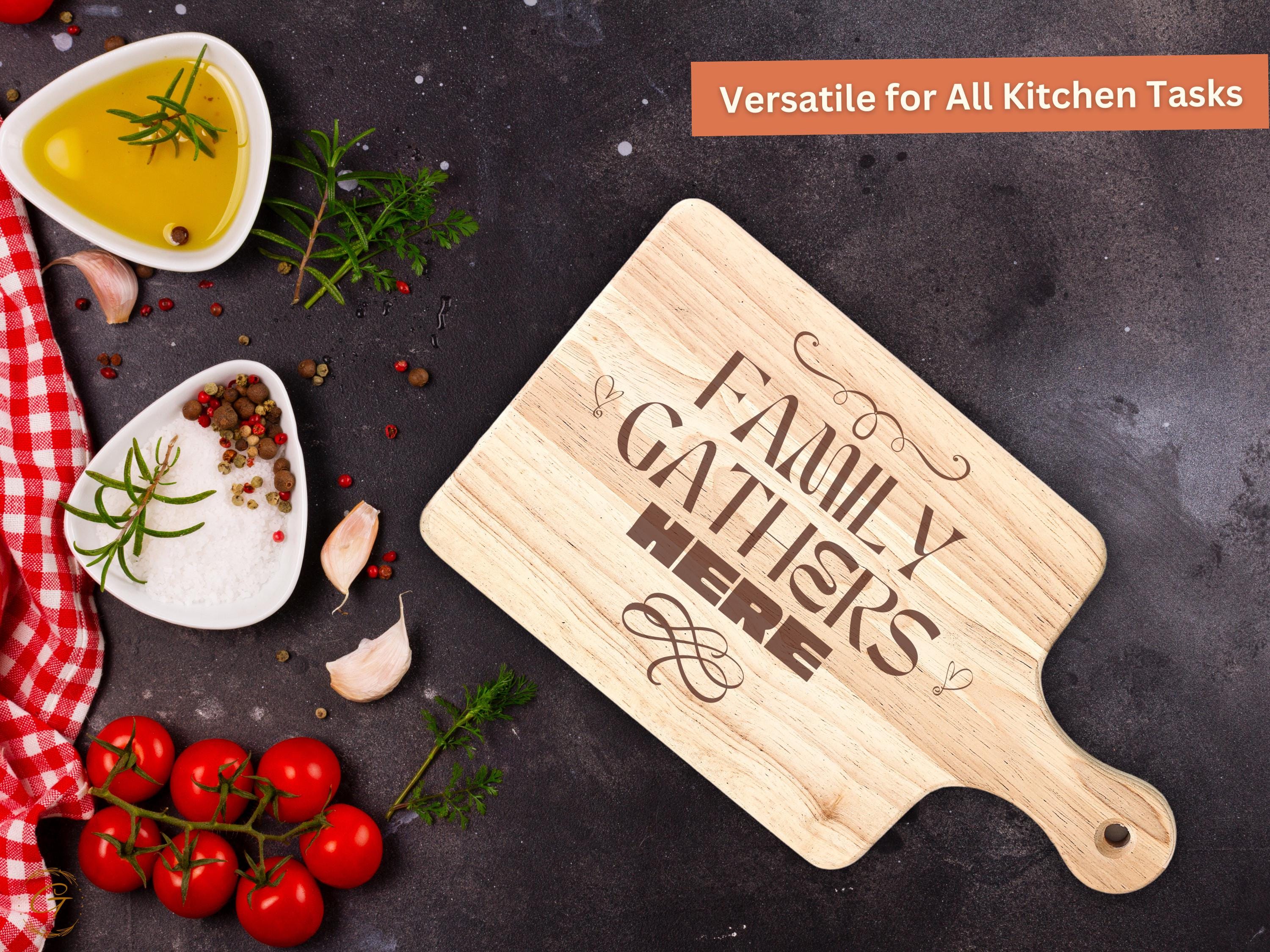 Family Gathers Here Hardwood Cutting Board | Engraved Kitchen Decors | Rustic Wood Cutting Board | Personalized Home Gift for Cooks & Family