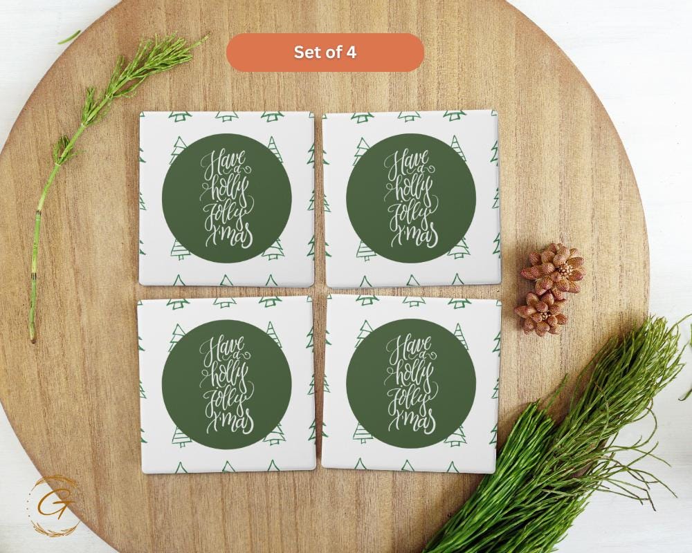 Soapstone Coaster with "Have a Holly Jolly Christmas" Green Design, Festive Holiday Coaster, Cork Backing, Christmas Decor, Unique Gift Idea