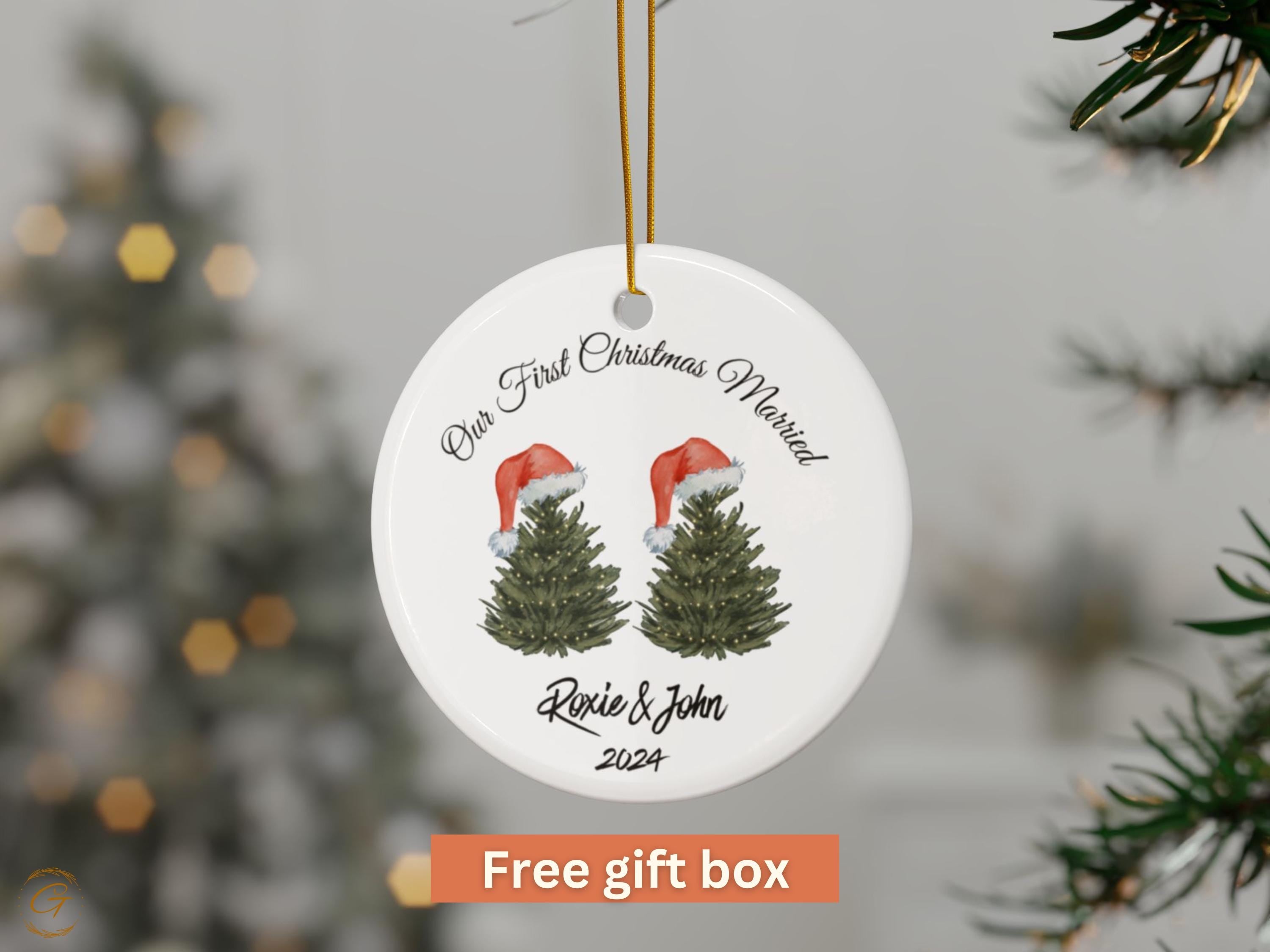 Personalized First Christmas Married Ornament, Anniversary Keepsake Gift, Christmas Tree Design with Santa Hats 24 Edition, Holiday Keepsake