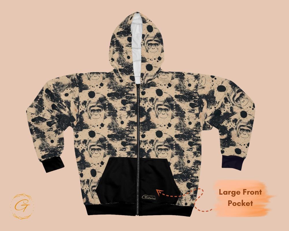 Vintage Monkey Zip Hoodie All-Over Print