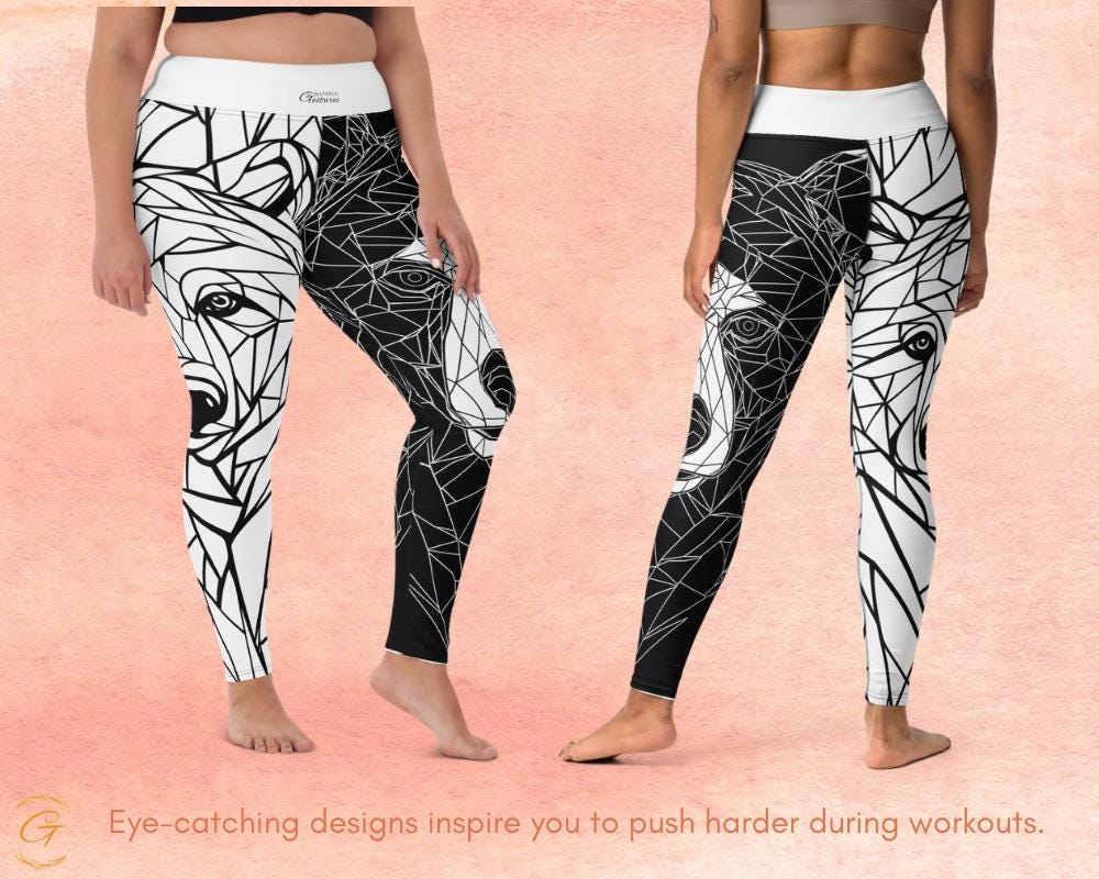 High-Waisted AOP Yoga Pants with Geometric Bear Mosaic