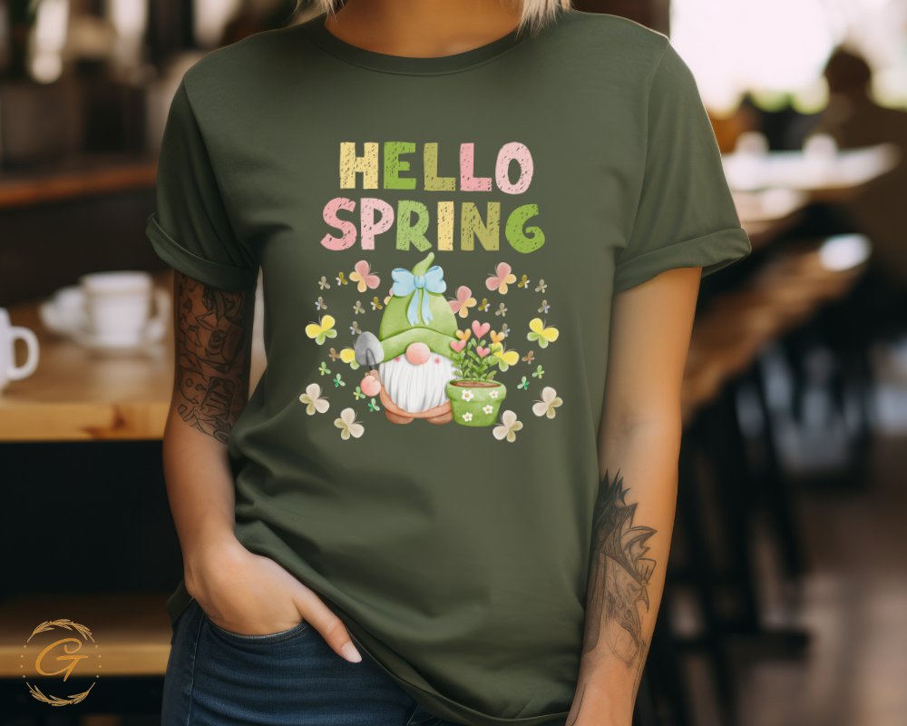 Hello Spring Gnome and Flowers Graphic T-Shirt product type