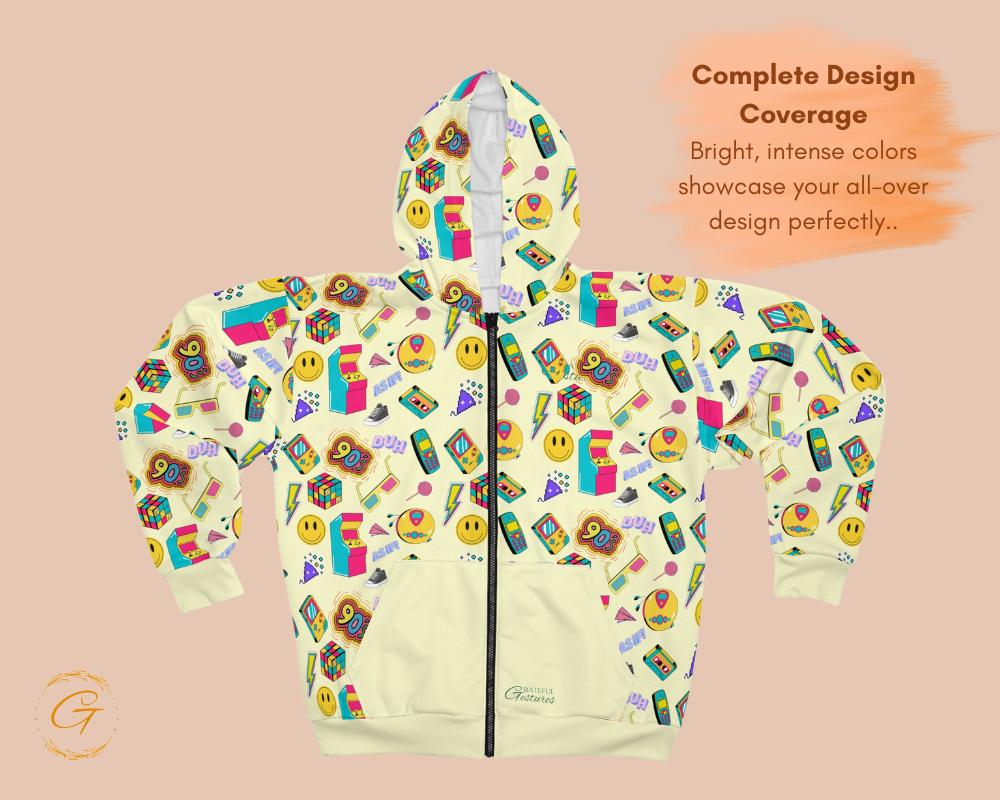 90s Nostalgia Unisex Zip Hoodie AOP, Retro Throwback Hoodie
