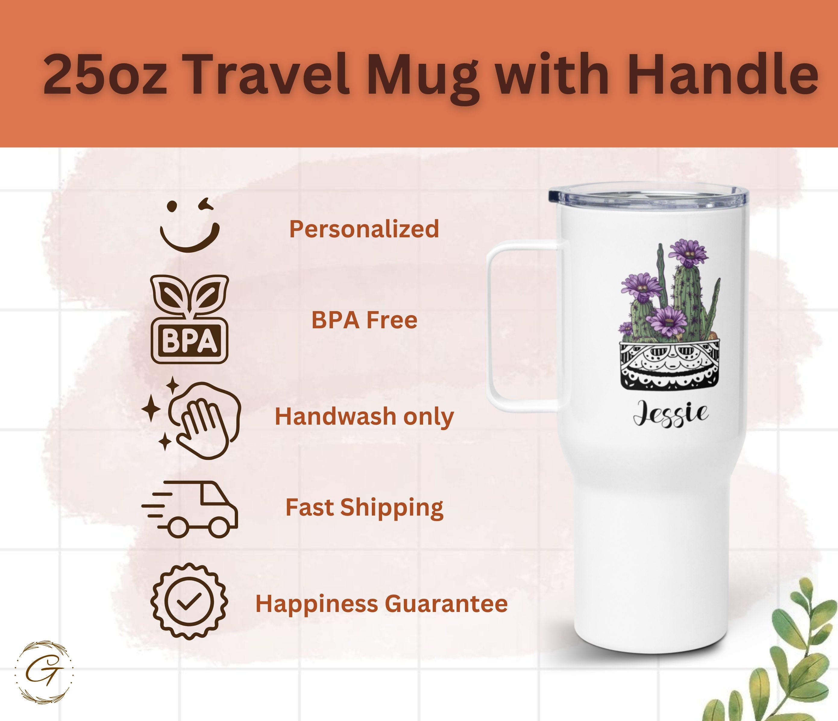 Personalized Cactus Travel Mug 25oz | Cactus Plant Coffee Mug | Customized Name | Mug Cactus Lover | Gift for Her | Ideal Cute Cactus Gift