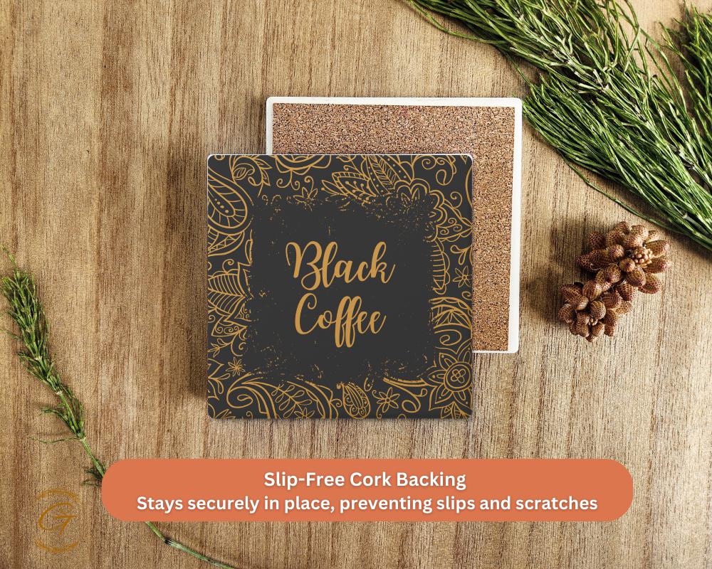 Soapstone Coaster with Black Coffee Ornate Design