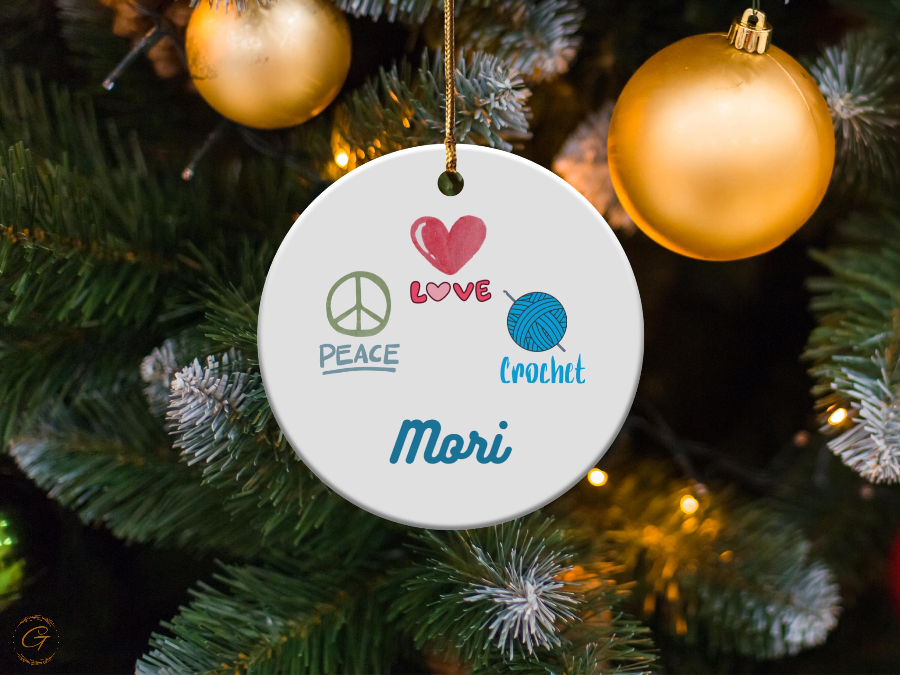 Personalized Peace Love Crochet Hobby Ornament, Cute Heart Crochet Ornament, Peace Symbol Ornament, Personalized Handcrafted Gift