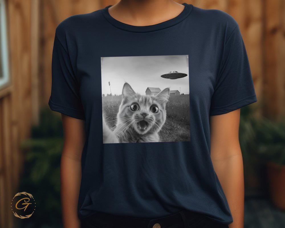 Cute Alien Encounter Cat Design T-Shirt, Funny Cat with UFO Tee