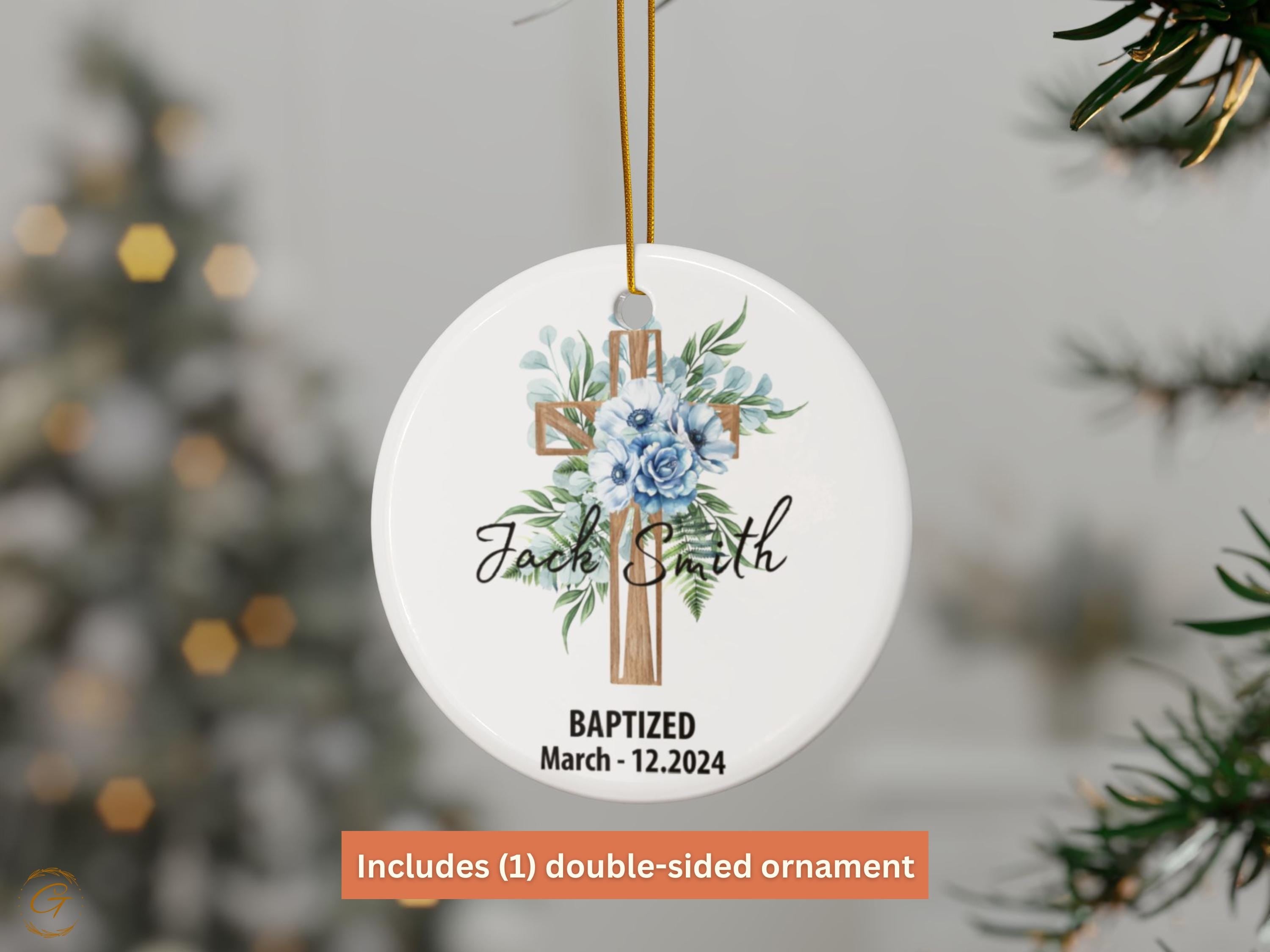 Personalized Baptism Ornament, Cross with Floral Design