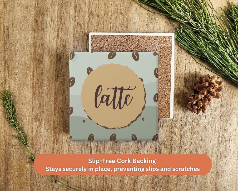 Soapstone Coaster with Latte with Coffee Beans Design Cork Backing, Coffee Lover Gift Home Decor Drink Coaster Perfect for Kitchen or Office