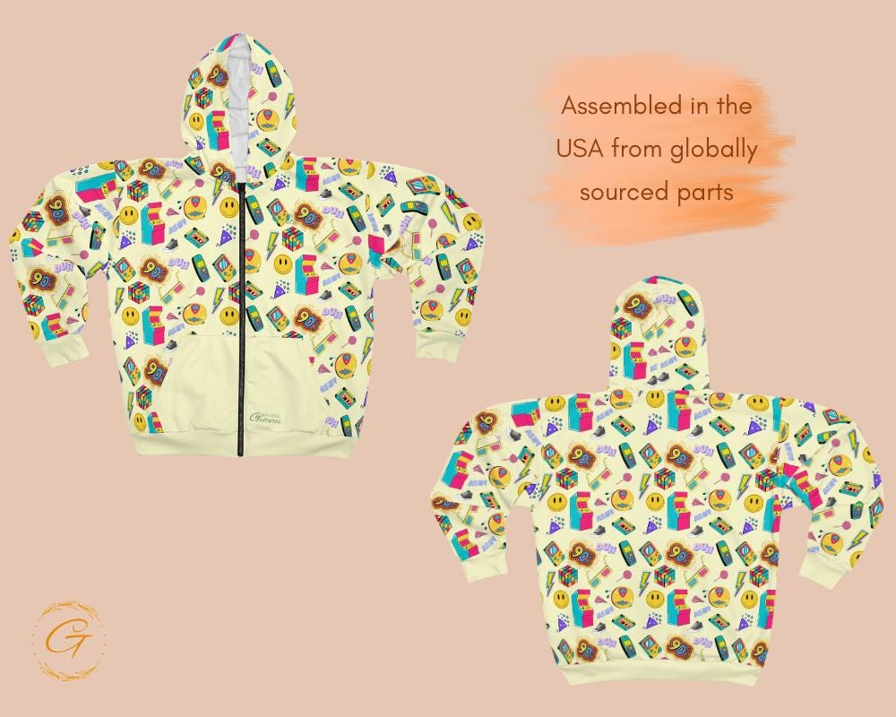 90s Nostalgia Unisex Zip Hoodie AOP, Retro Throwback Hoodie