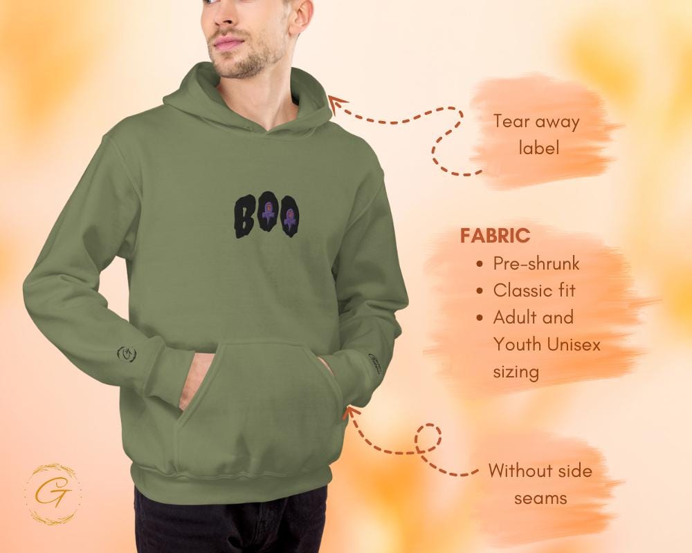 Halloween Boo Hoodie, Embroidery Ghost Design Hooded Pullover Spooky Sweatshirt, Ghostly Hooded Top Halloween Pullover with Hood, Boo Hoodie