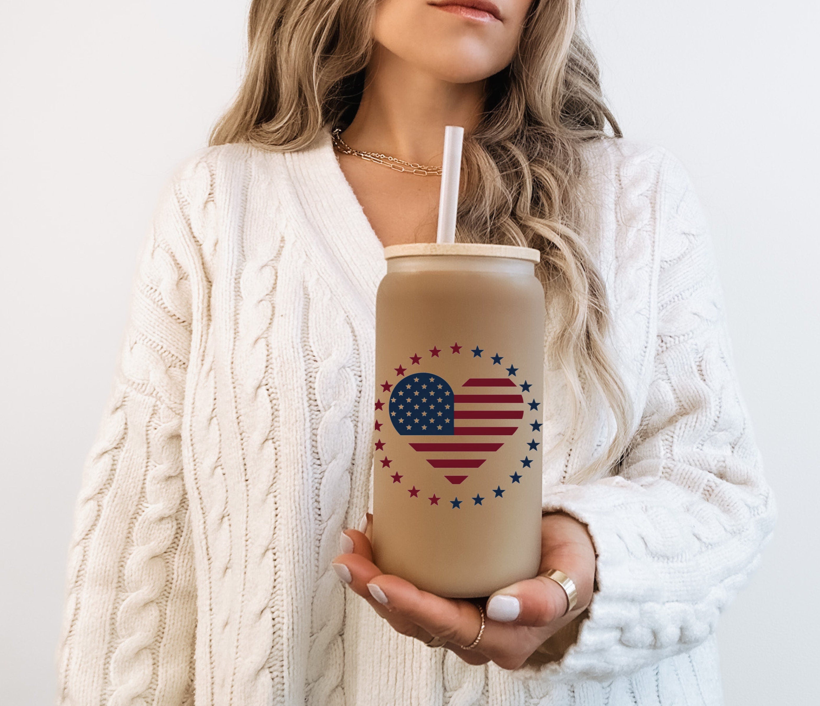 16oz Frosted Libbey Glass Cup with Patriotic Heart