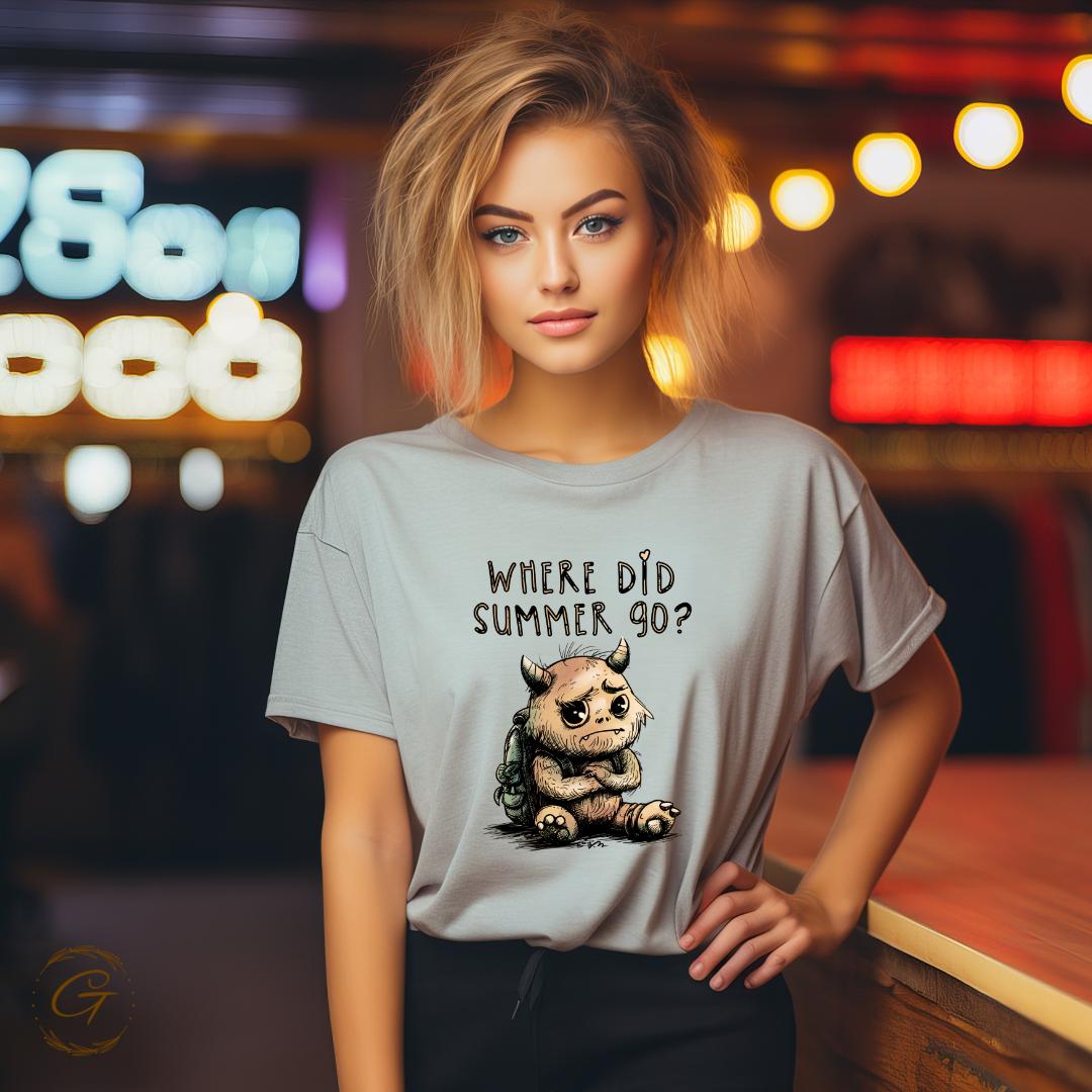 Funny Summer Sad Monster T-Shirt - Quirky Cartoon Graphic Tee