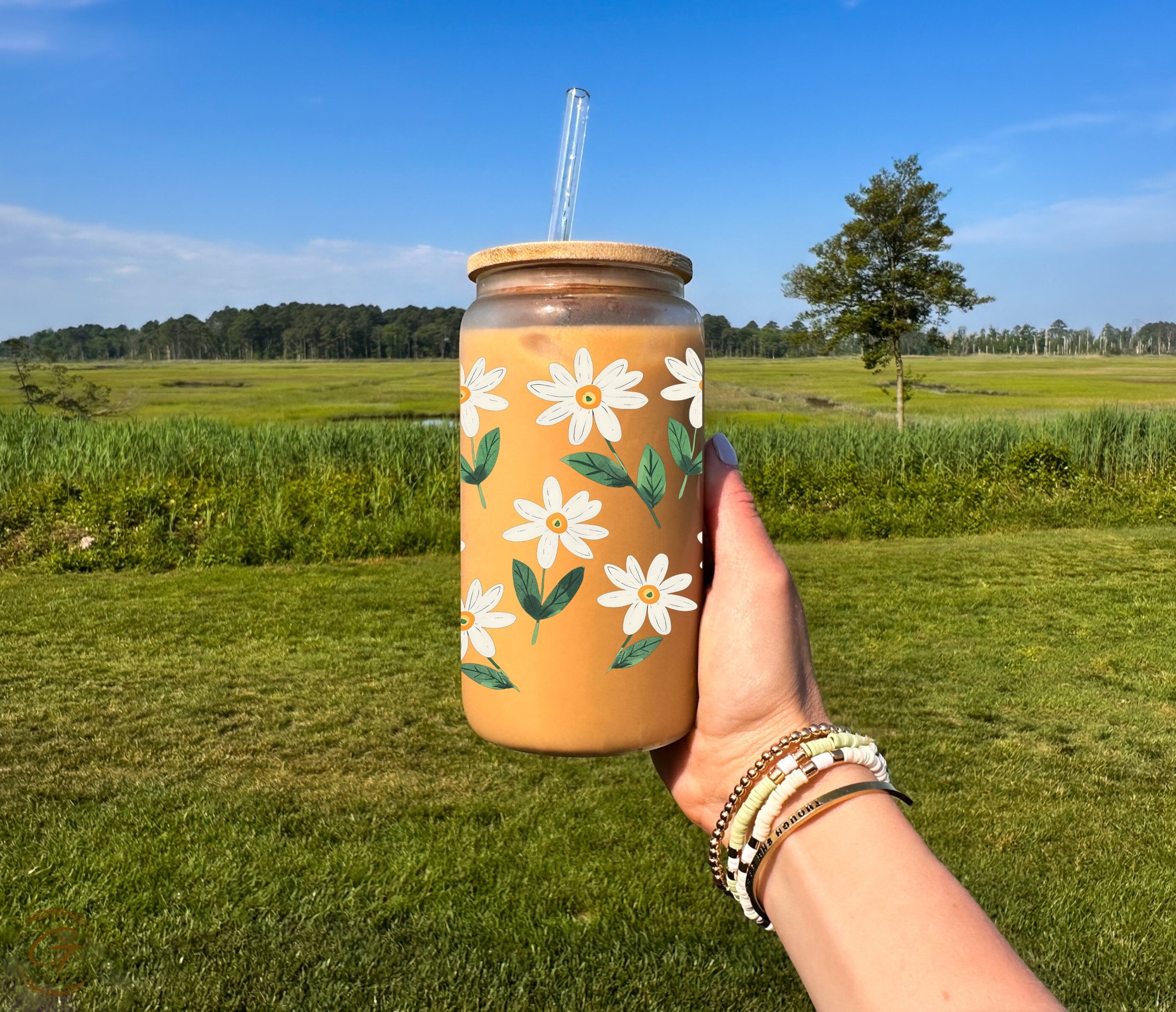 Daisy Flowers Iced Coffee Glass Can