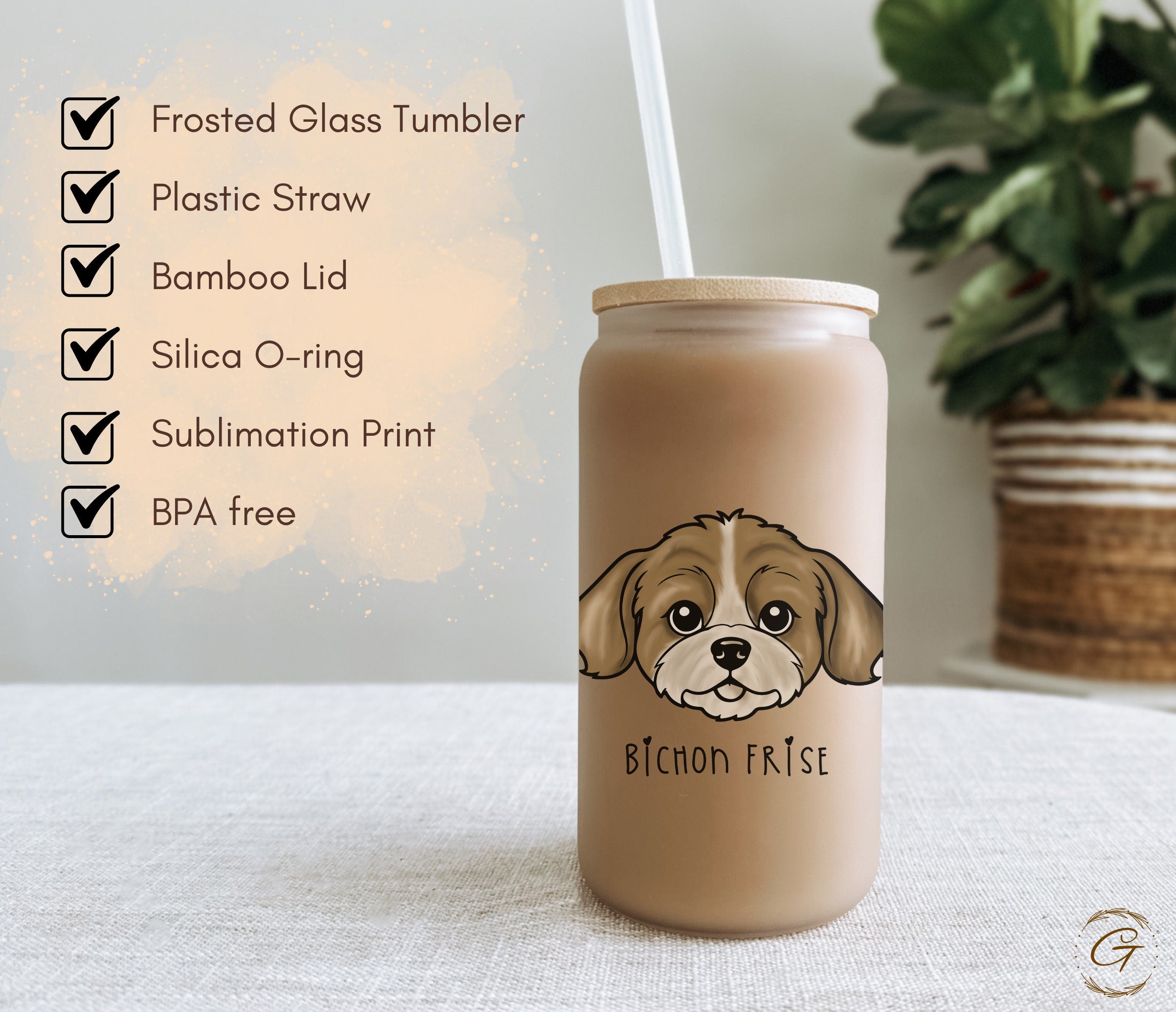 Bichon Frise Dog Design Frosted Glass Cup
