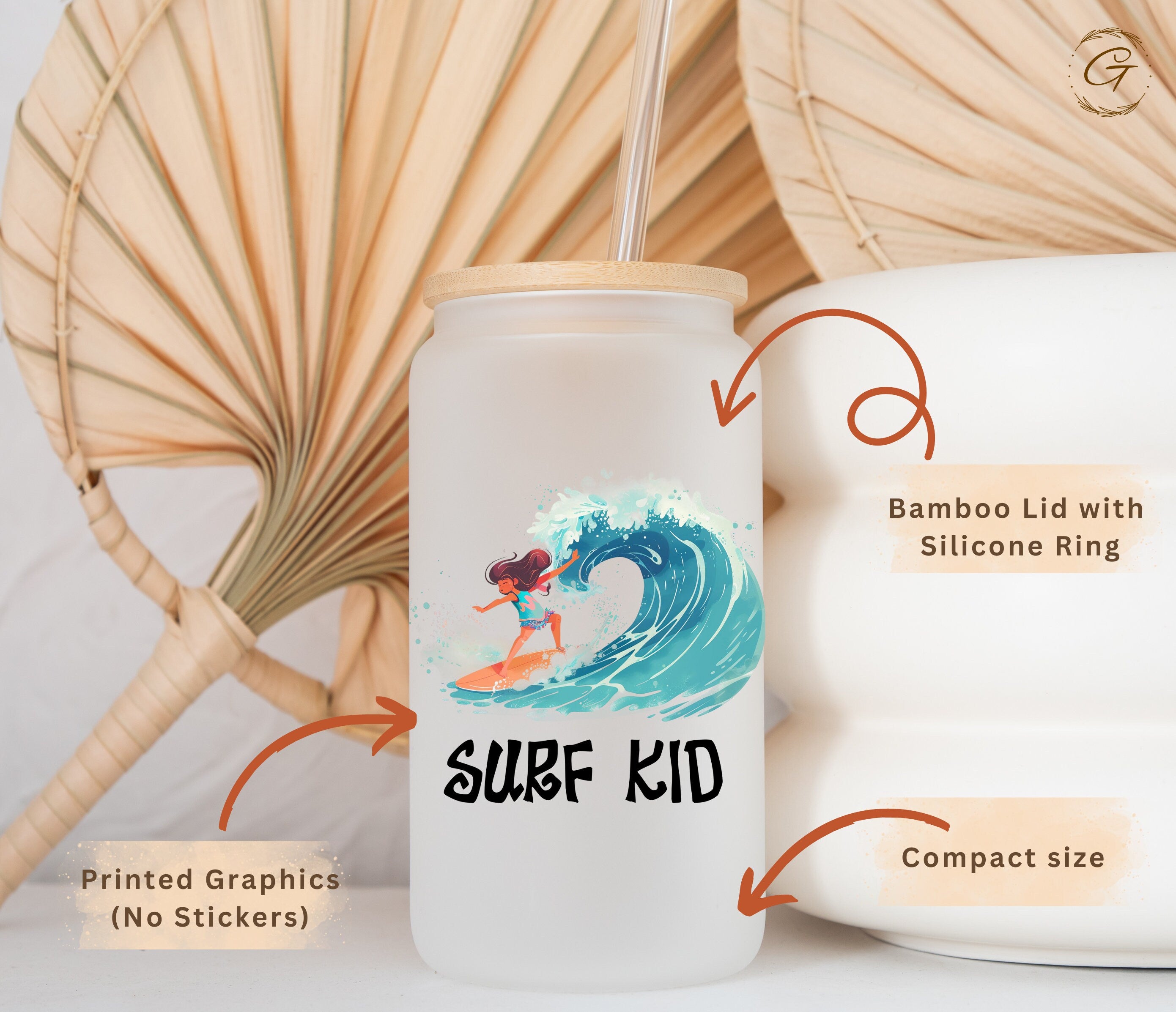 Surf Kid Big Wave Design Frosted Glass Cup