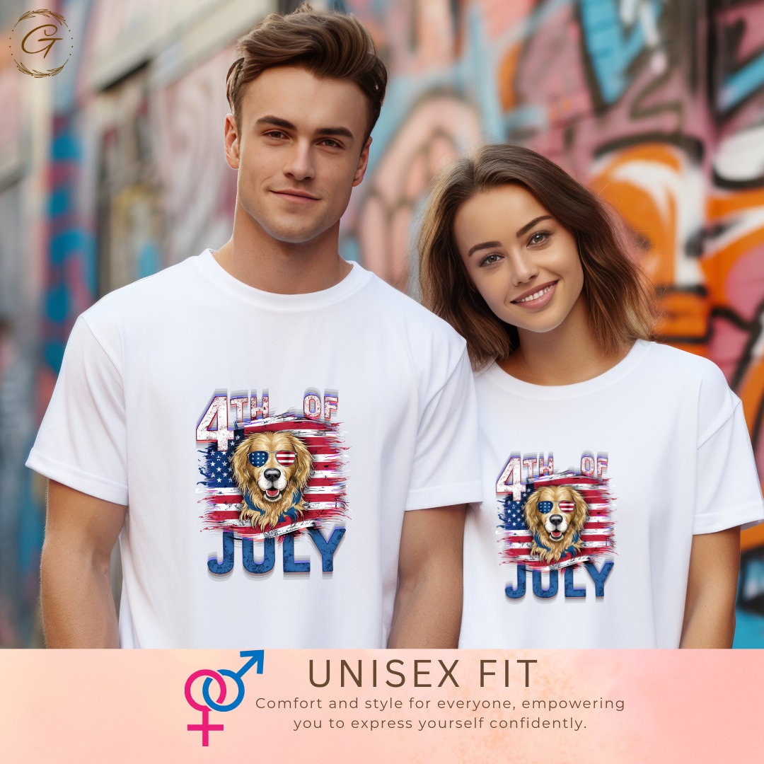 4th of July T-Shirt, US Flag with Golden Retriever Dog Design Tee