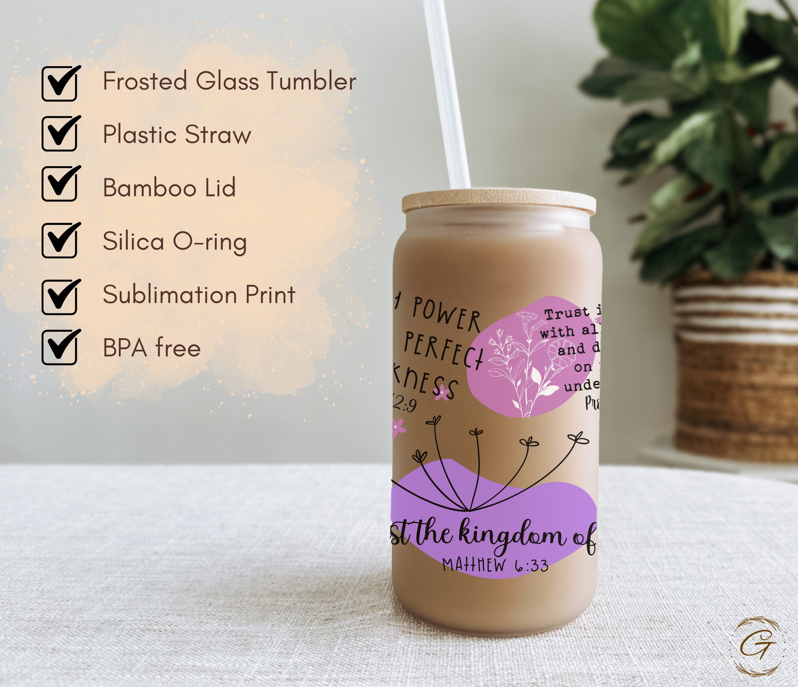 16oz Christian Affirmation Frosted Libbey Cup, Purple Inspirational Drinkware Gift, Spiritual Encouragement Gift, Bible Affirmations Tumbler