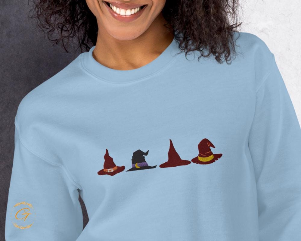 Halloween Sweatshirt, Embroidery Design Witch Hats Crewneck Halloween Sweatshirt, Long Sleeve Top, Casual Pullover Fall Fashion Witchy Shirt