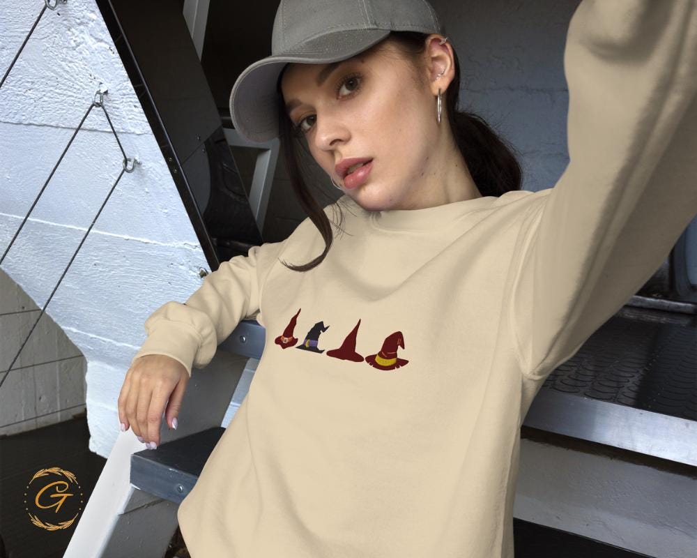 Halloween Sweatshirt, Embroidery Design Witch Hats Crewneck Halloween Sweatshirt, Long Sleeve Top, Casual Pullover Fall Fashion Witchy Shirt