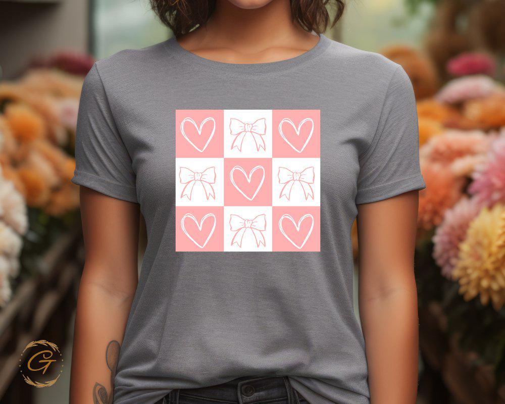 Valentines T-Shirt, Checkered Cute Bow and Heart Tee