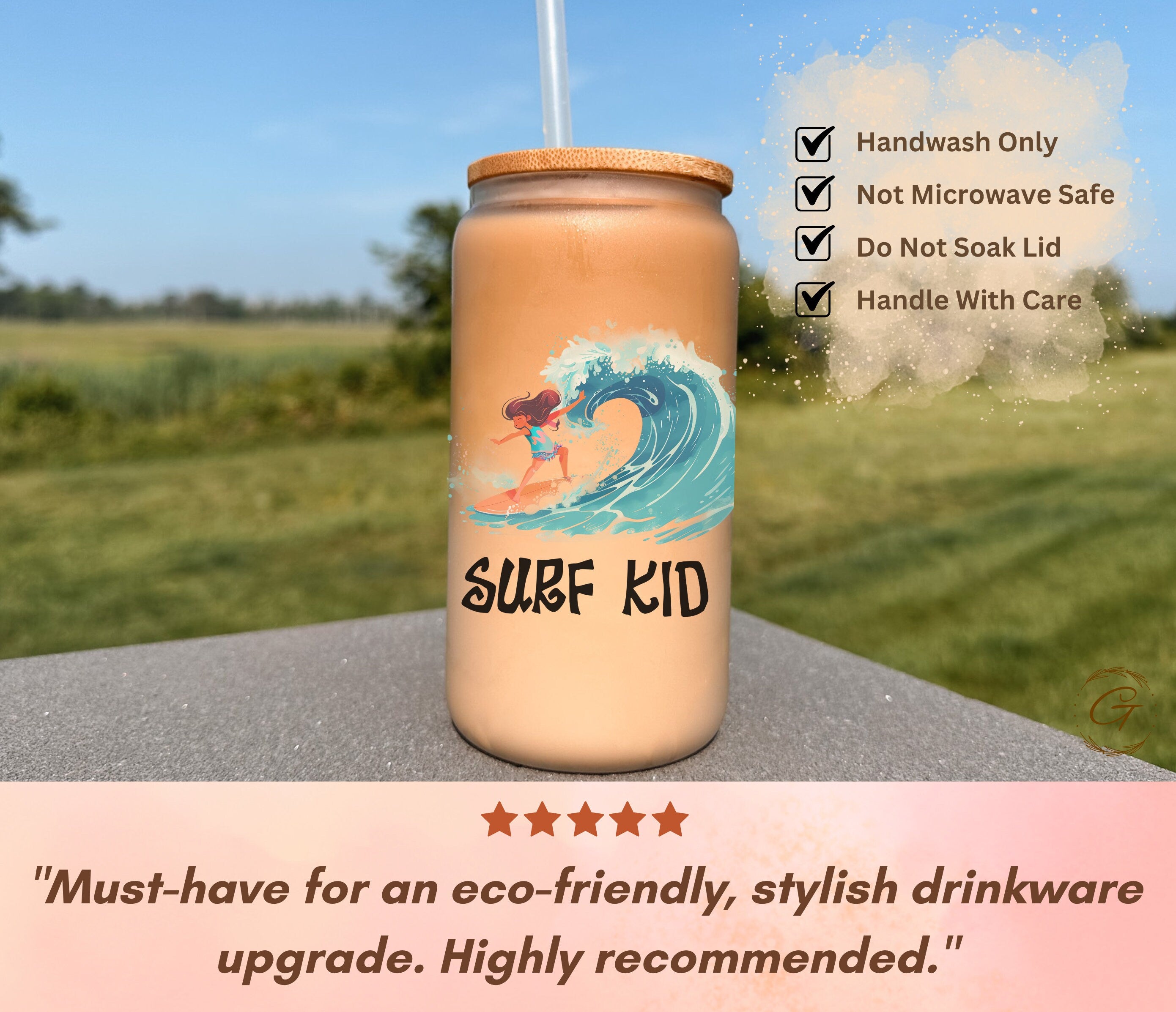Surf Kid Big Wave Design Frosted Glass Cup