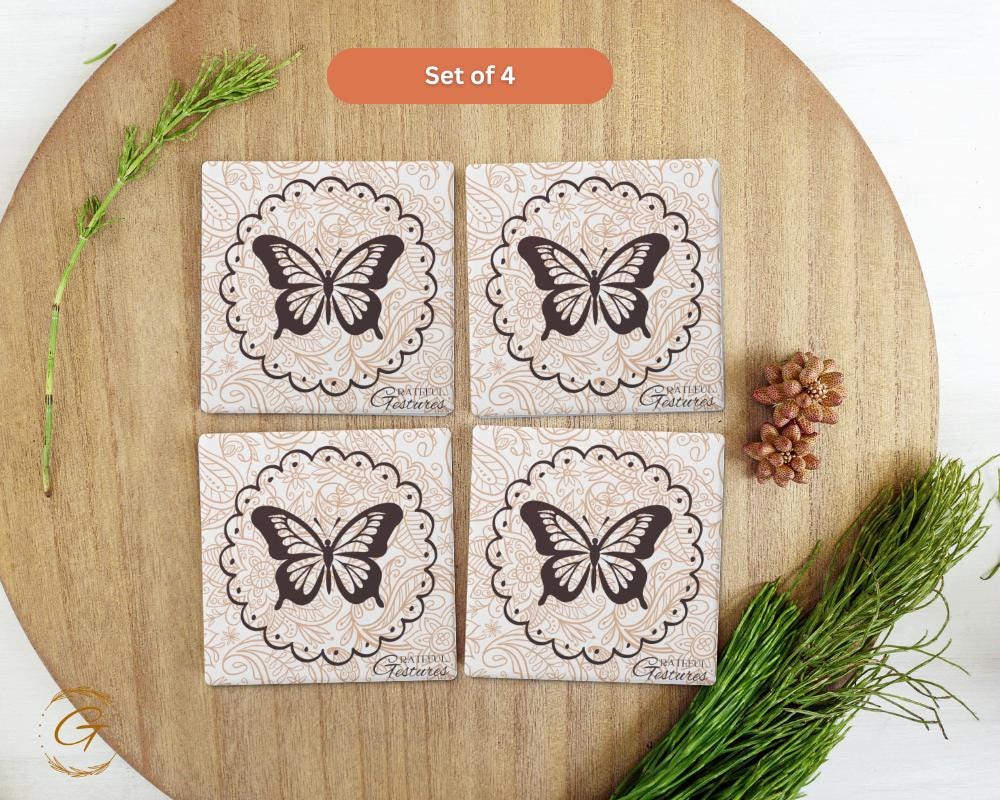 Soapstone Coaster with Butterfly Grateful Gestures Design with Durable Cork Backing, Unique Drink Coasters, Thoughtful Gift for Any Occasion