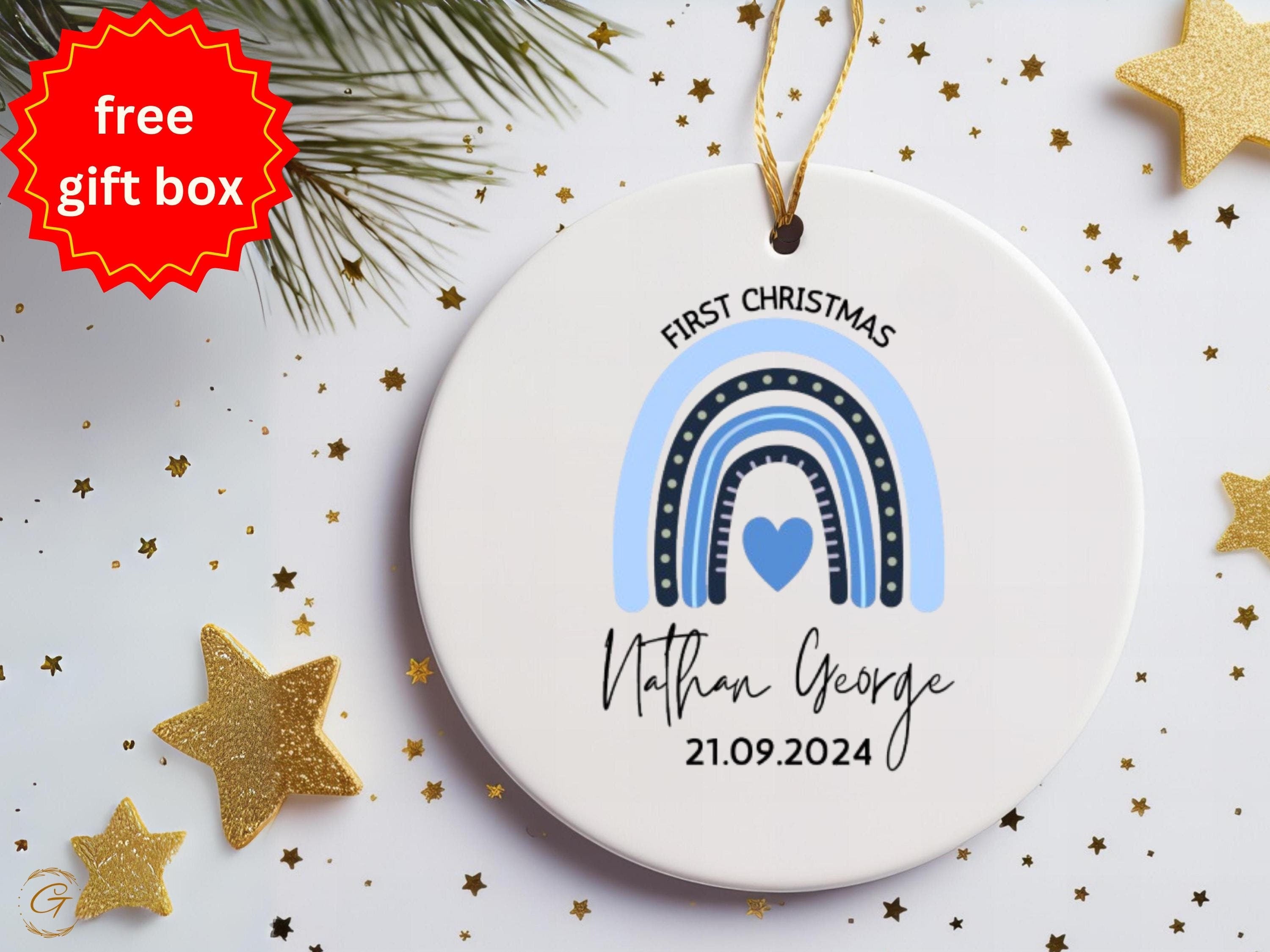 Custom First Christmas Baby Ornament, Blue Rainbow Watercolor Ornament