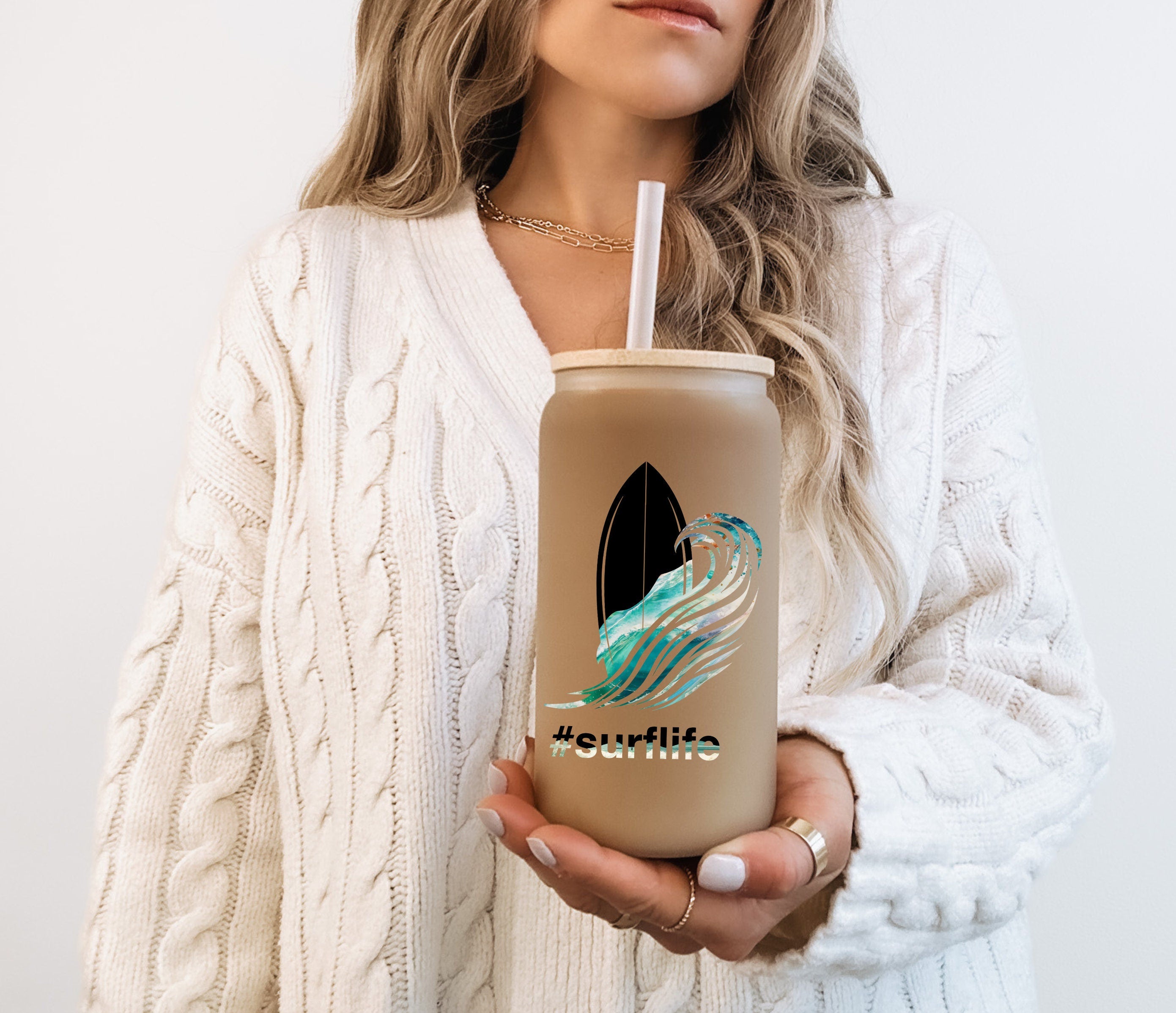 Surf Life Design Frosted Glass Cup, Personalized Beach Waves Libbey Cup