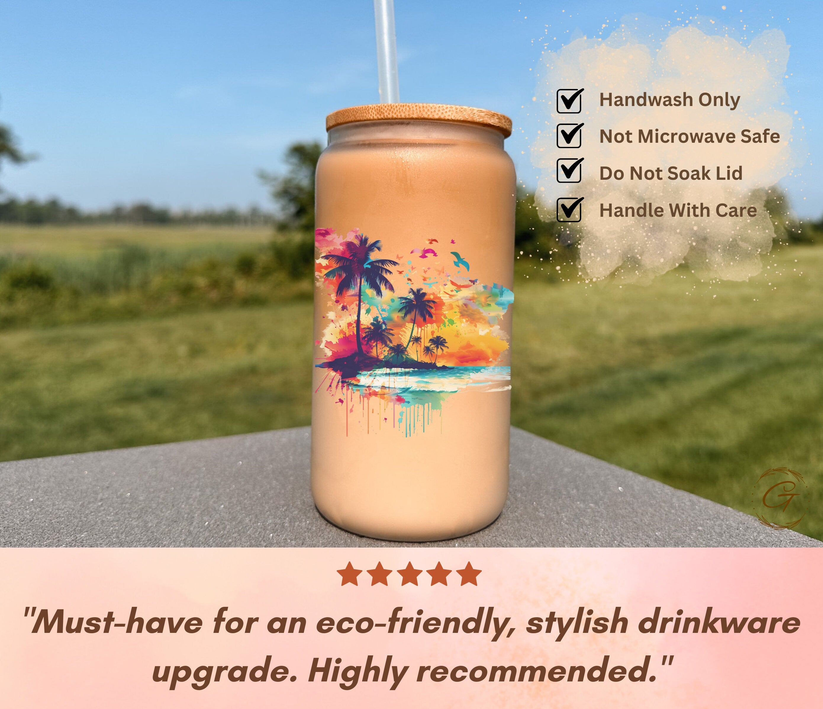 Tropical Beach Sunset Art Summer 2024 Colorful Palm Trees Print Frosted Glass Cup