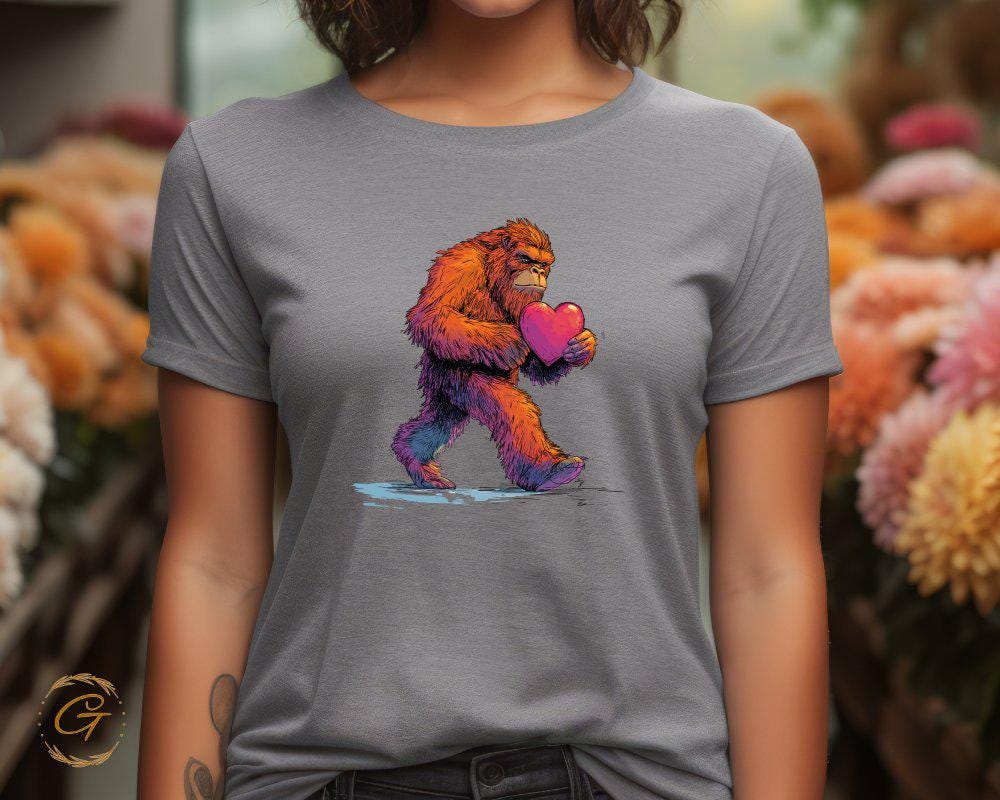 Bigfoot Sasquatch Holding Heart Graphic Tee