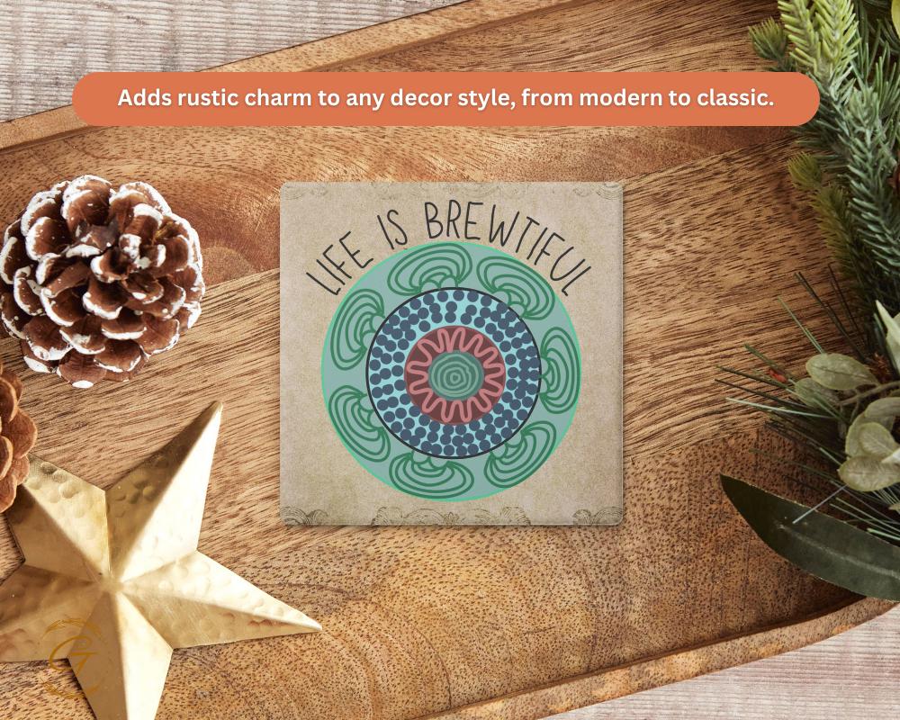 Soapstone Coaster with "Life Is Brewtiful" Design with Cork Backing Unique Coffee Lover Gift Inspirational Drink Coaster, Stylish Home Decor