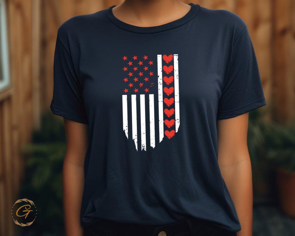 Valentine T-Shirt, Patriotic American Flag Hearts Tee