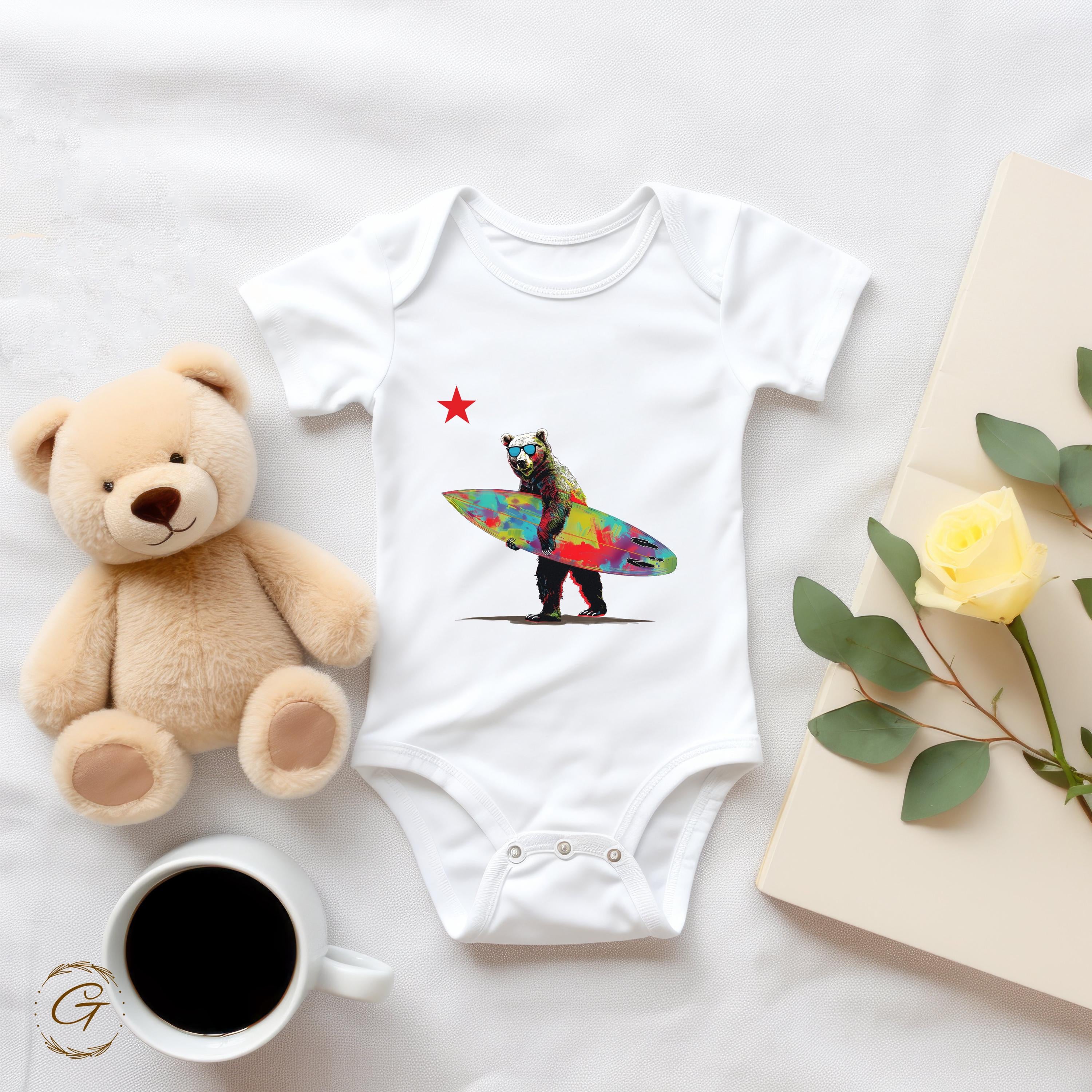 Cool Bear Surfboard Star Design Tee Beach Vibes T-ee