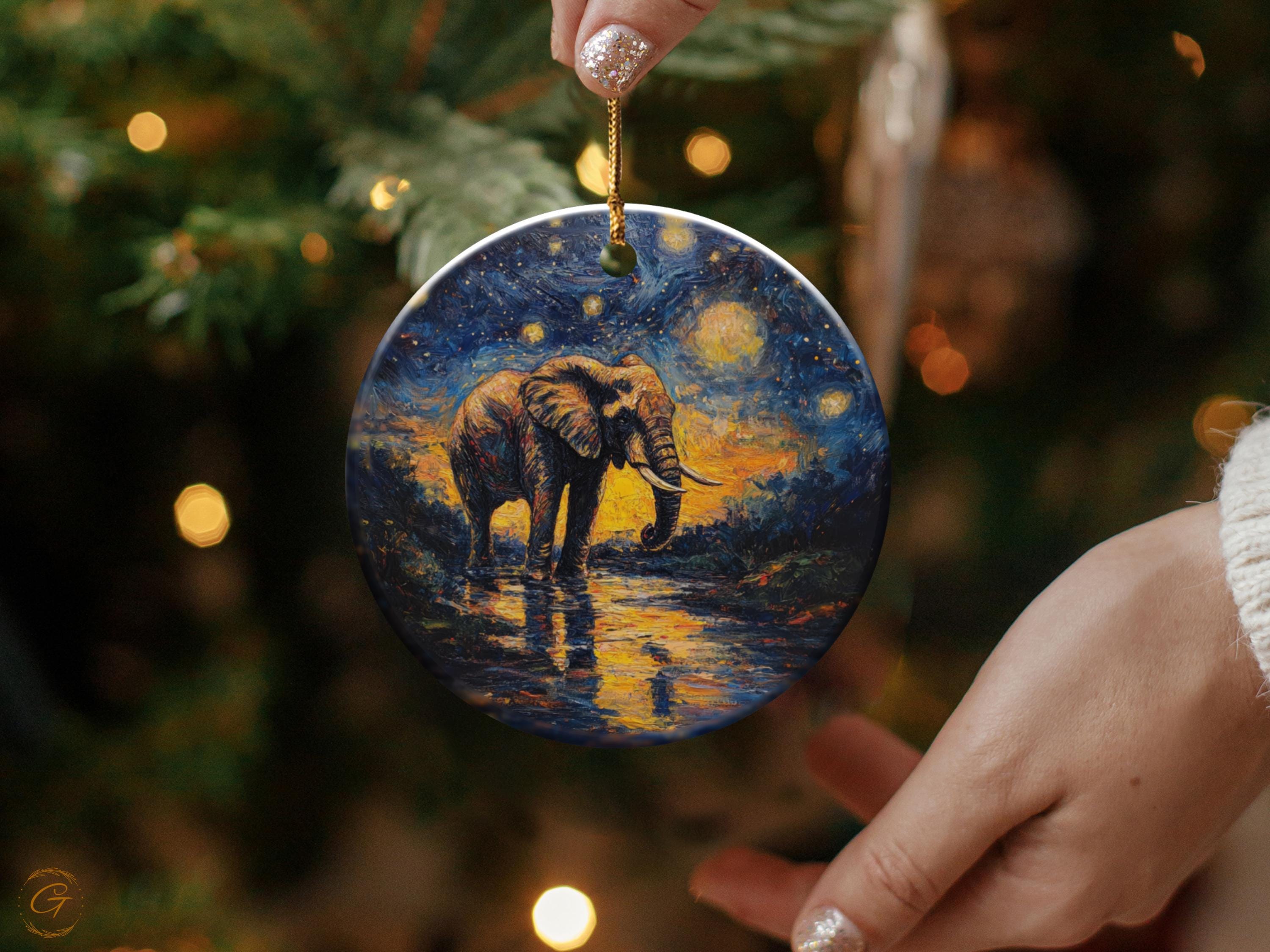 Elephant Ornament, Starry Night Decor, Handcrafted Artwork, Elephant Home Decor Gift, Unique Elephant Decoration, Wildlife Holiday Art Piece
