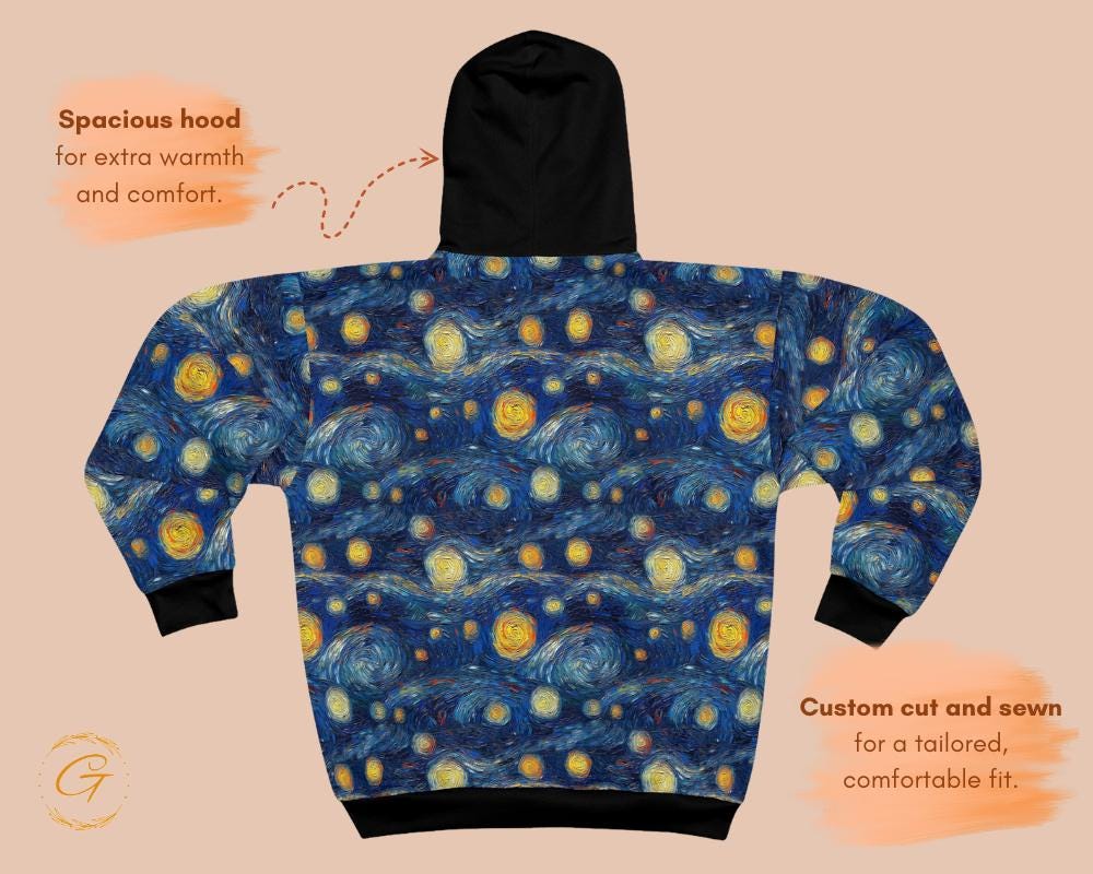 Starry Night Unisex Zip Hoodie All-Over Print Van Gogh Inspired Sweatshirt
