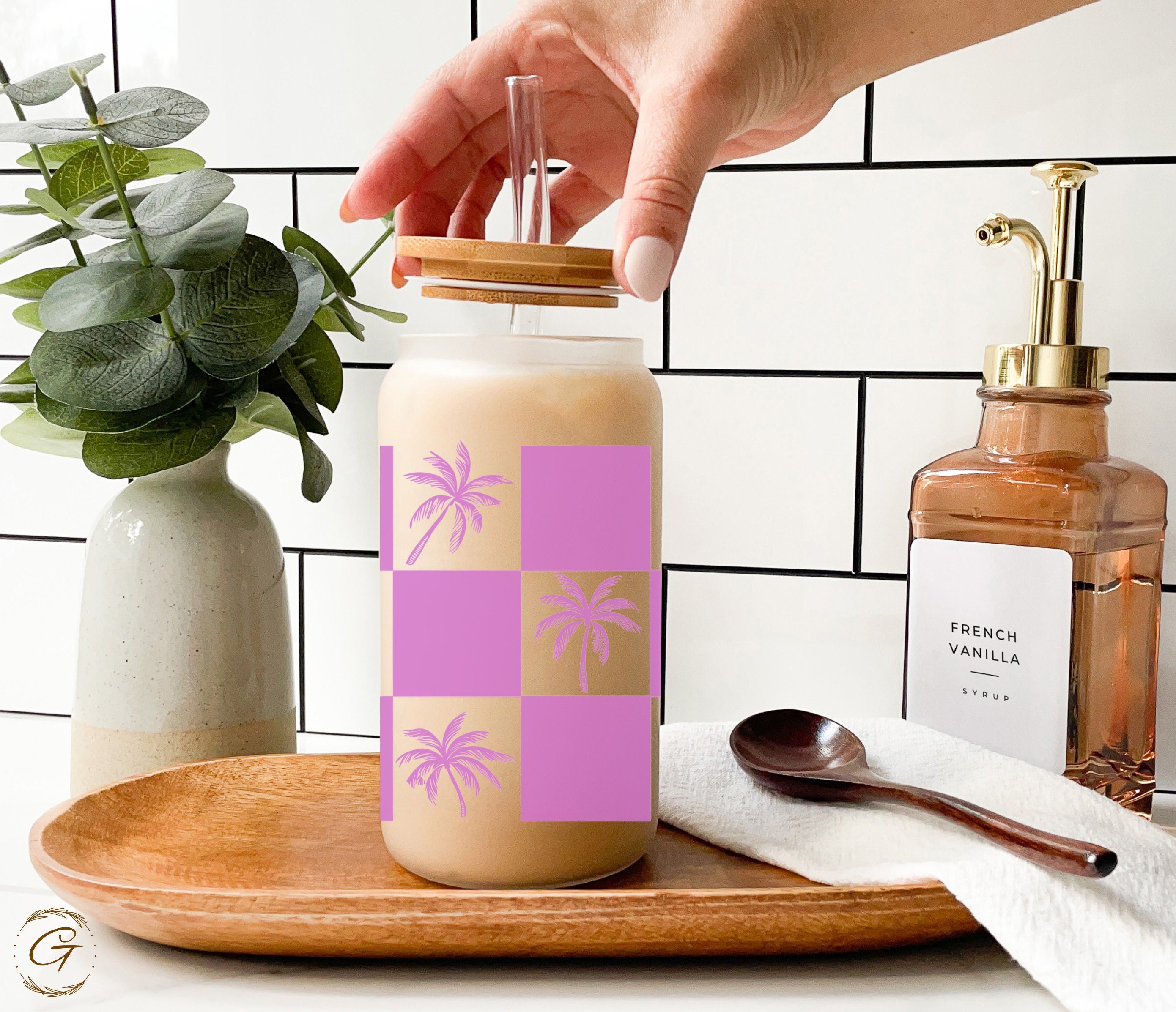 Summer Checkered Palm Tree Frosted Libbey Cup 16oz