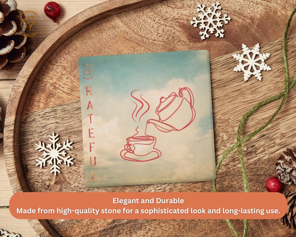 Square Stone Coasters with Grateful Tea Time Design, Durable Cork Backing, Elegant and Absorbent Drink Coaster, Home Decor Perfect Gift Idea
