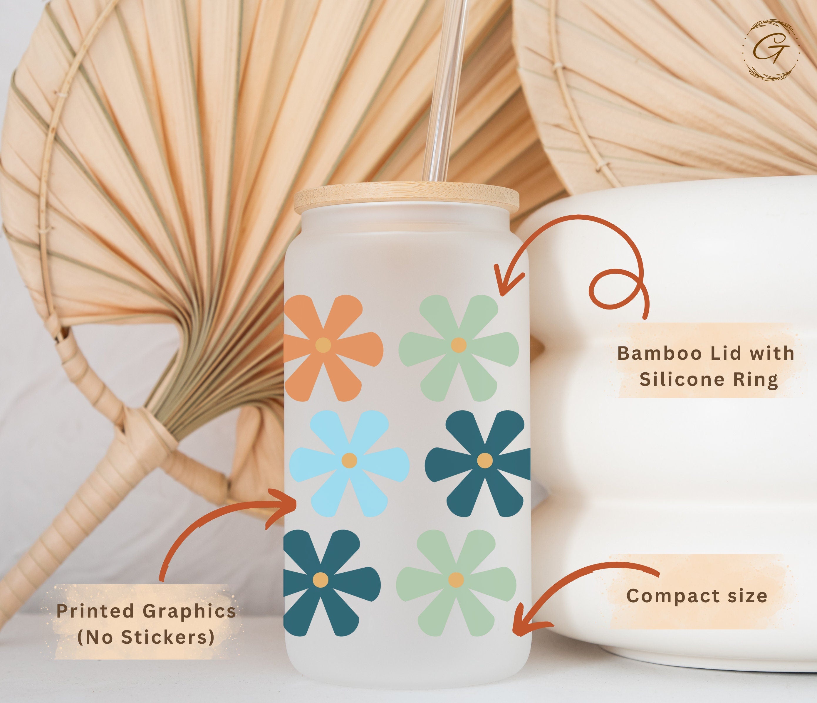 Daisy Flowers Frosted Libbey Glass 16oz Floral Print Iced Coffee Glass, Perfect for Summer Beverage, Birthday Gift for Her, Best Friend Gift
