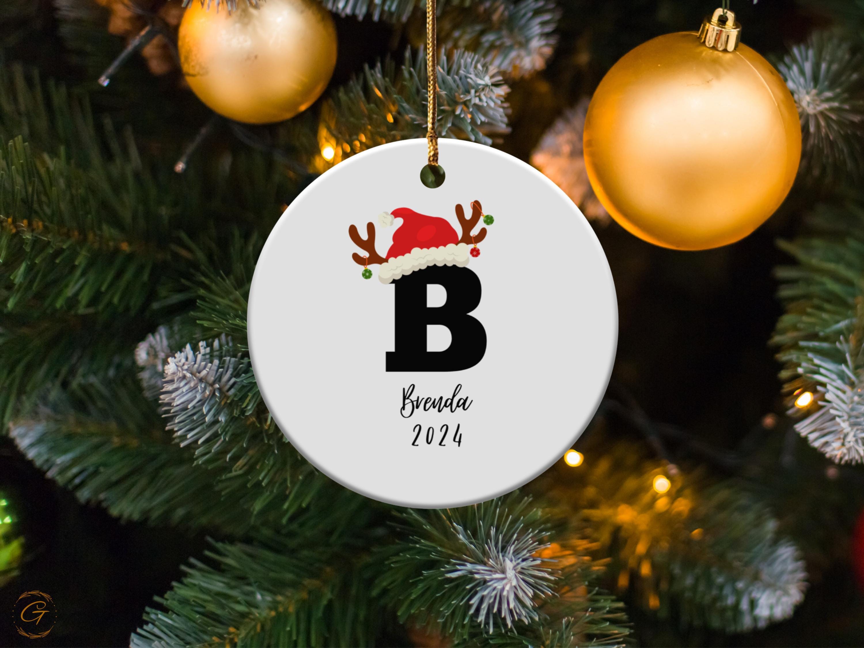 Festive Christmas Initial Name Ornament Santa Hat and Reindeer, Holiday Decoration Keepsake, Merry Christmas Celebration, Holiday Gift Ideas