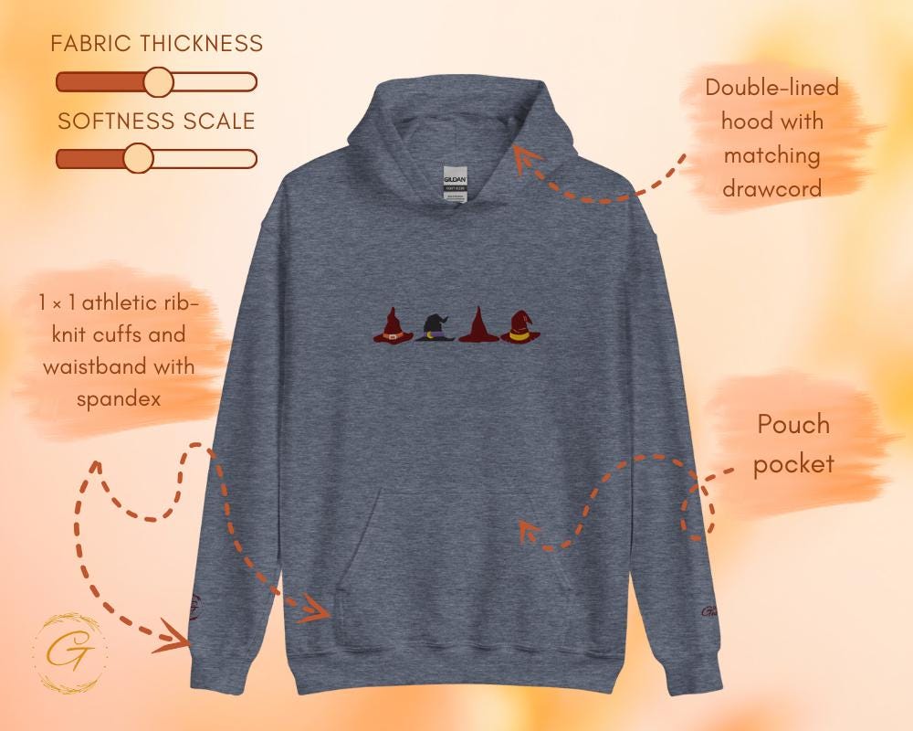 Halloween Hoodie, Stylish Embroidery Design Hooded Sweatshirt, Unique Hooded Pullover, Wizard Hat Graphic Hooded Sweatshirt, Cozy Hooded Top