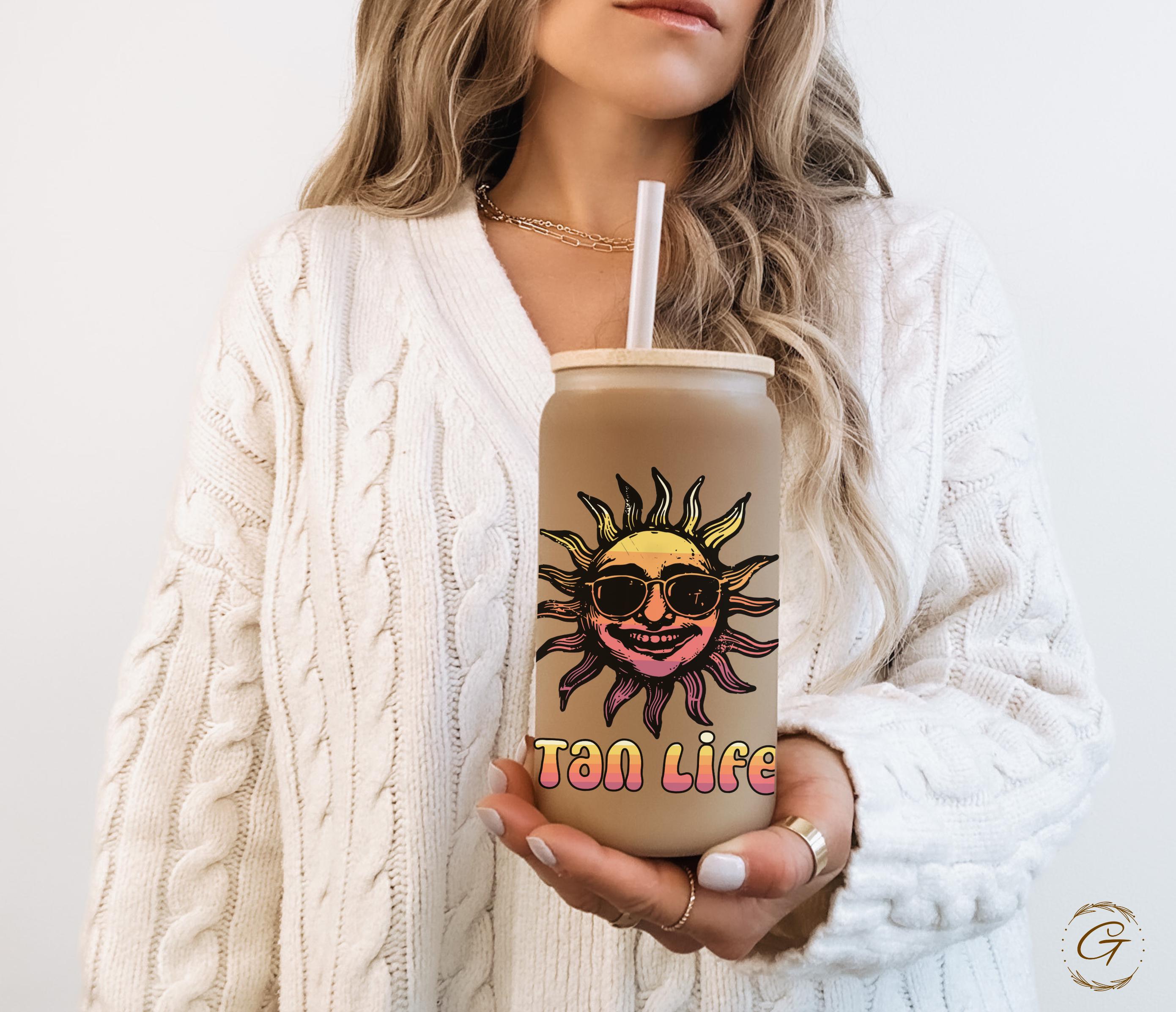 Tan Life Sun Design Frosted Glass Cup