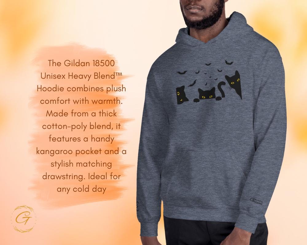 Halloween Hoodie, Embroidery Spooky Cats Hoodie, Bats and Cats Sweatshirt, Halloween Pullover, Black Cats Hooded Top, Spooky Hooded Sweater