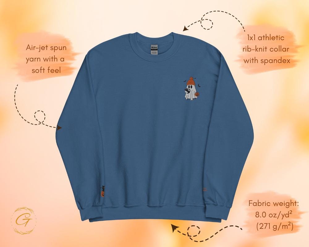 Halloween Sweatshirt Ghost with Cat and Pumpkin Graphic, Halloween Themed Ghost Sweater, Spooky Pumpkin Crewneck Pullover Gift for Halloween