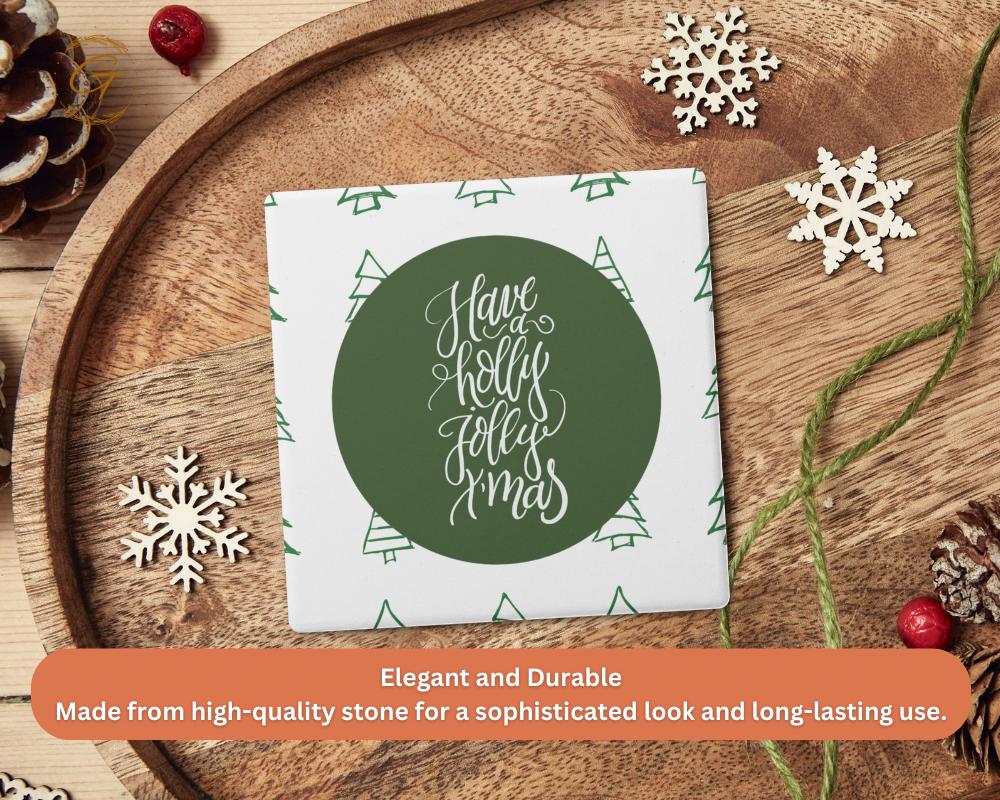 Soapstone Coaster with "Have a Holly Jolly Christmas" Green Design, Festive Holiday Coaster, Cork Backing, Christmas Decor, Unique Gift Idea