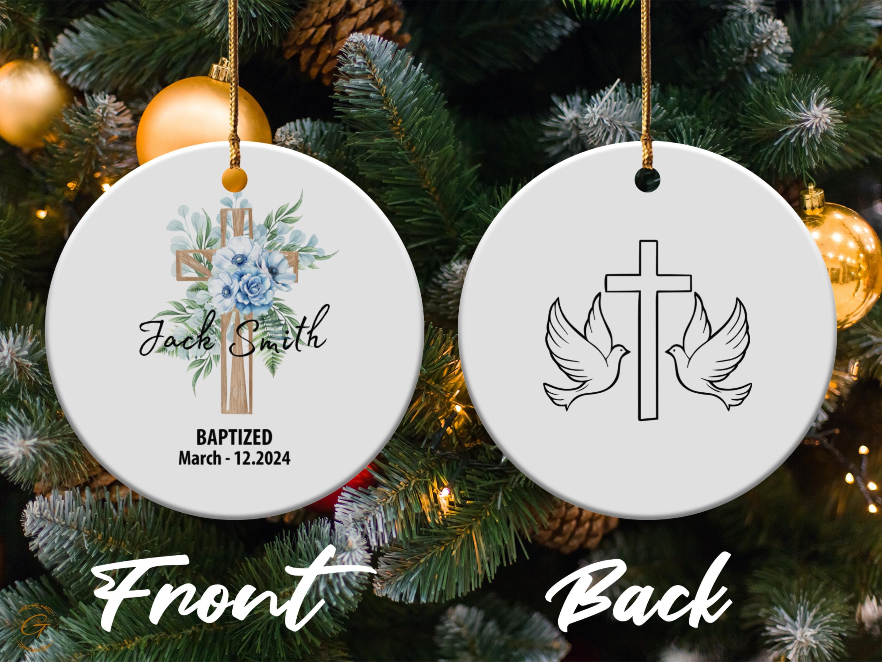Personalized Baptism Ornament, Cross with Floral Design