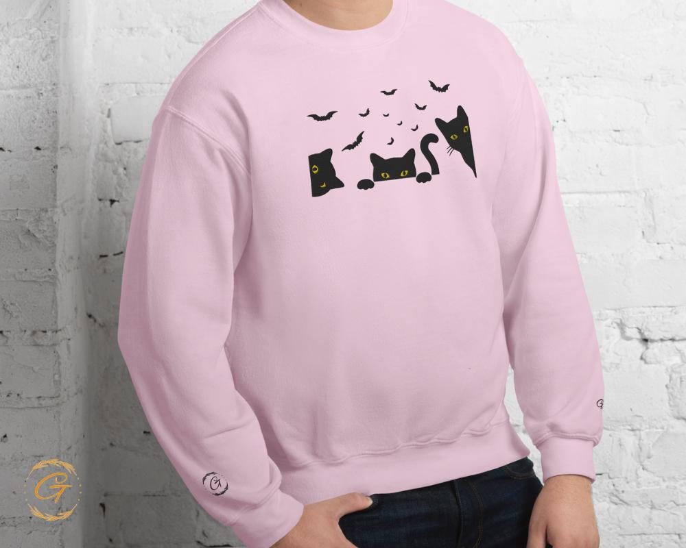 Halloween Sweatshirt, Embroidery Design Spooky Cats and Bats Pullover, Spooky Season Black Cat Sweatshirt Creepy Cute Cat Lover Crewneck Top