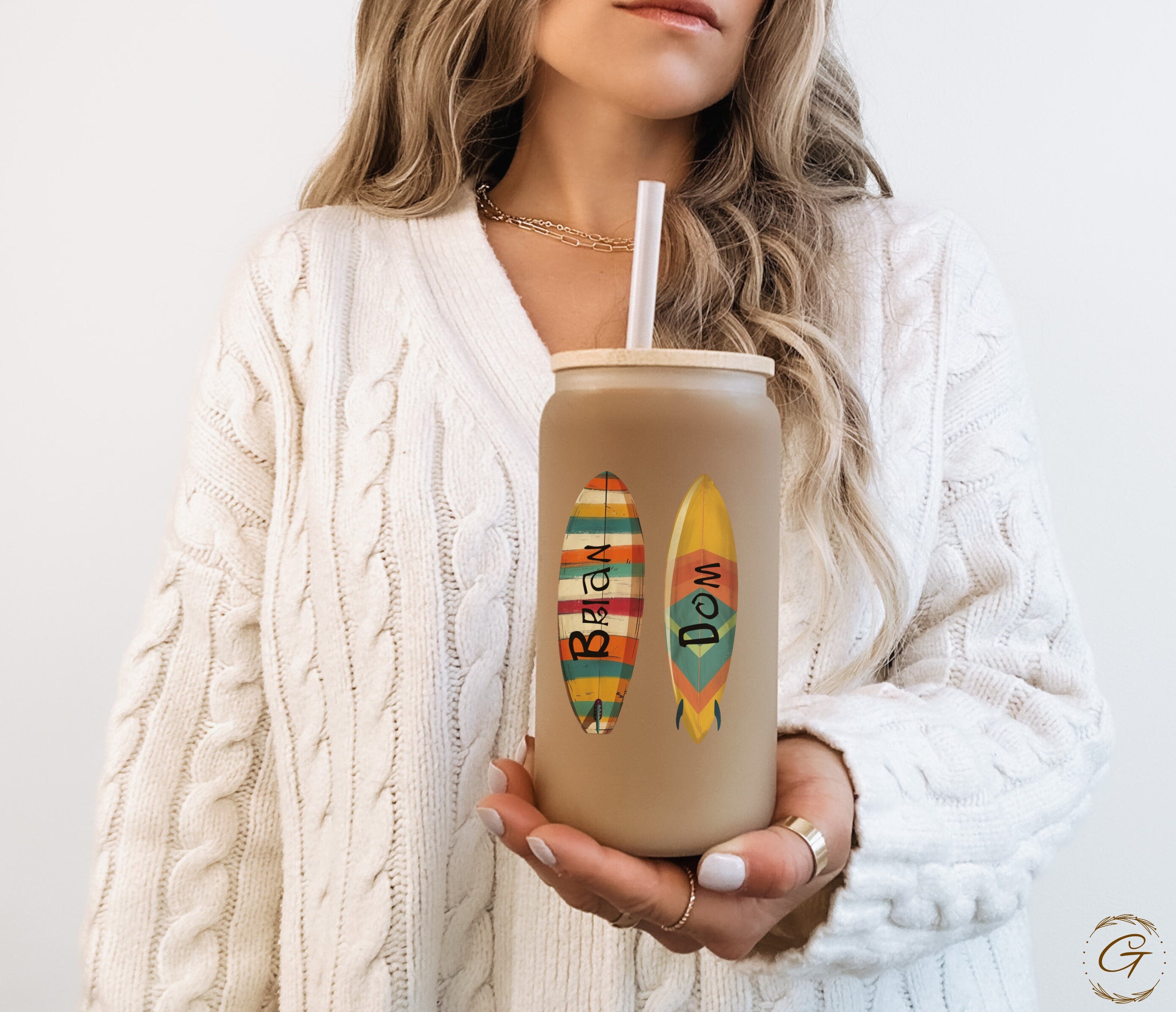 Surf Buddies Colorful Surfboard Design Frosted Glass Cup
