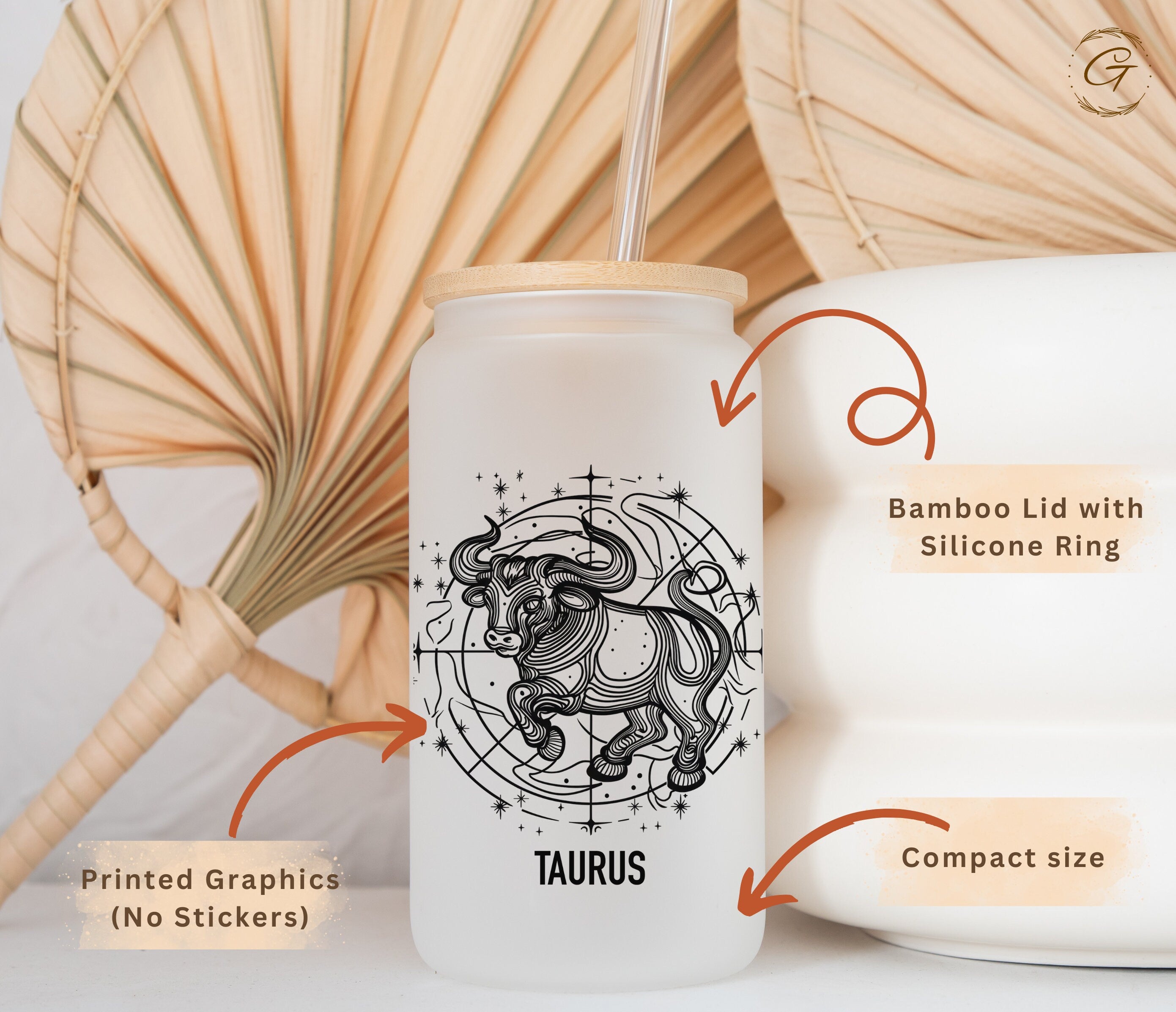 Zodiac Taurus Frosted Glass Cup, Astrology Bull Print Libbey Cup Custom Name