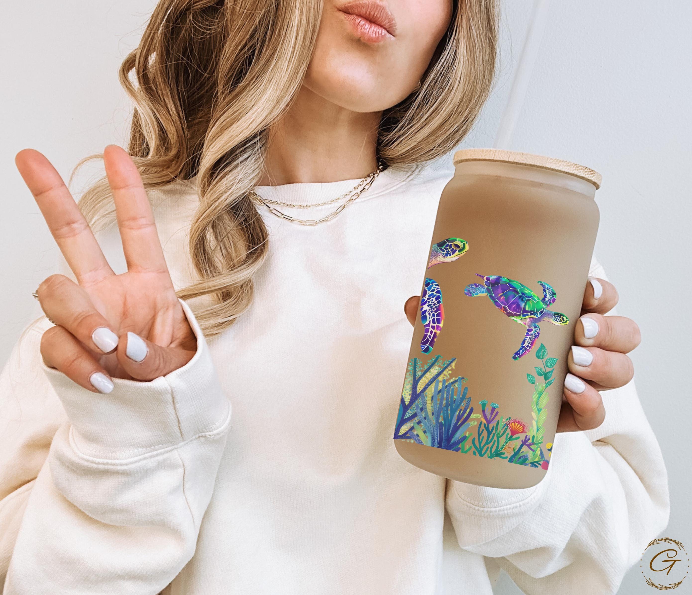 Ocean Turtles and Corals Design Frosted Glass Cup